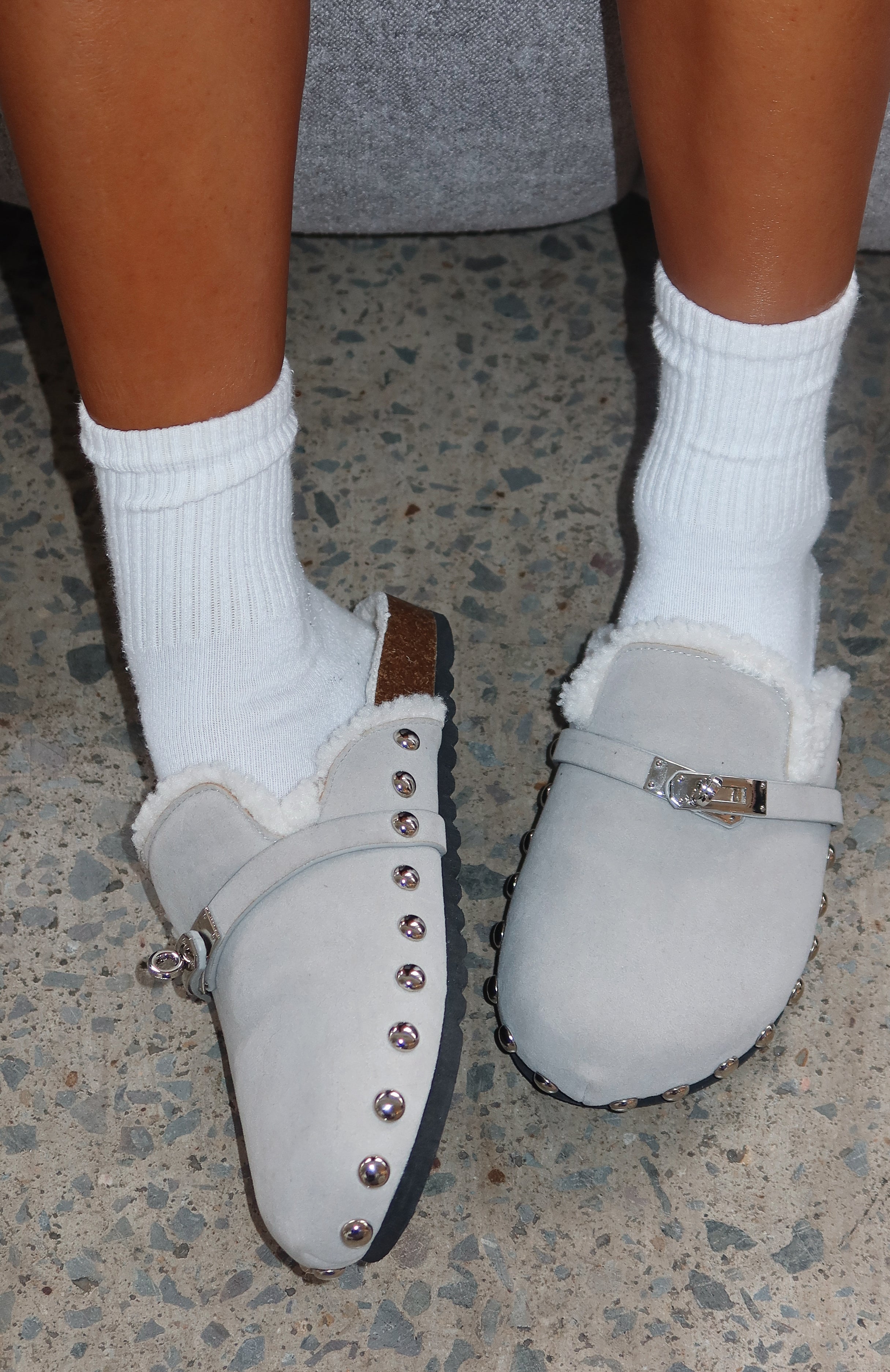 Asher Fur-Lined Sandals in Stone with Stud Detailing