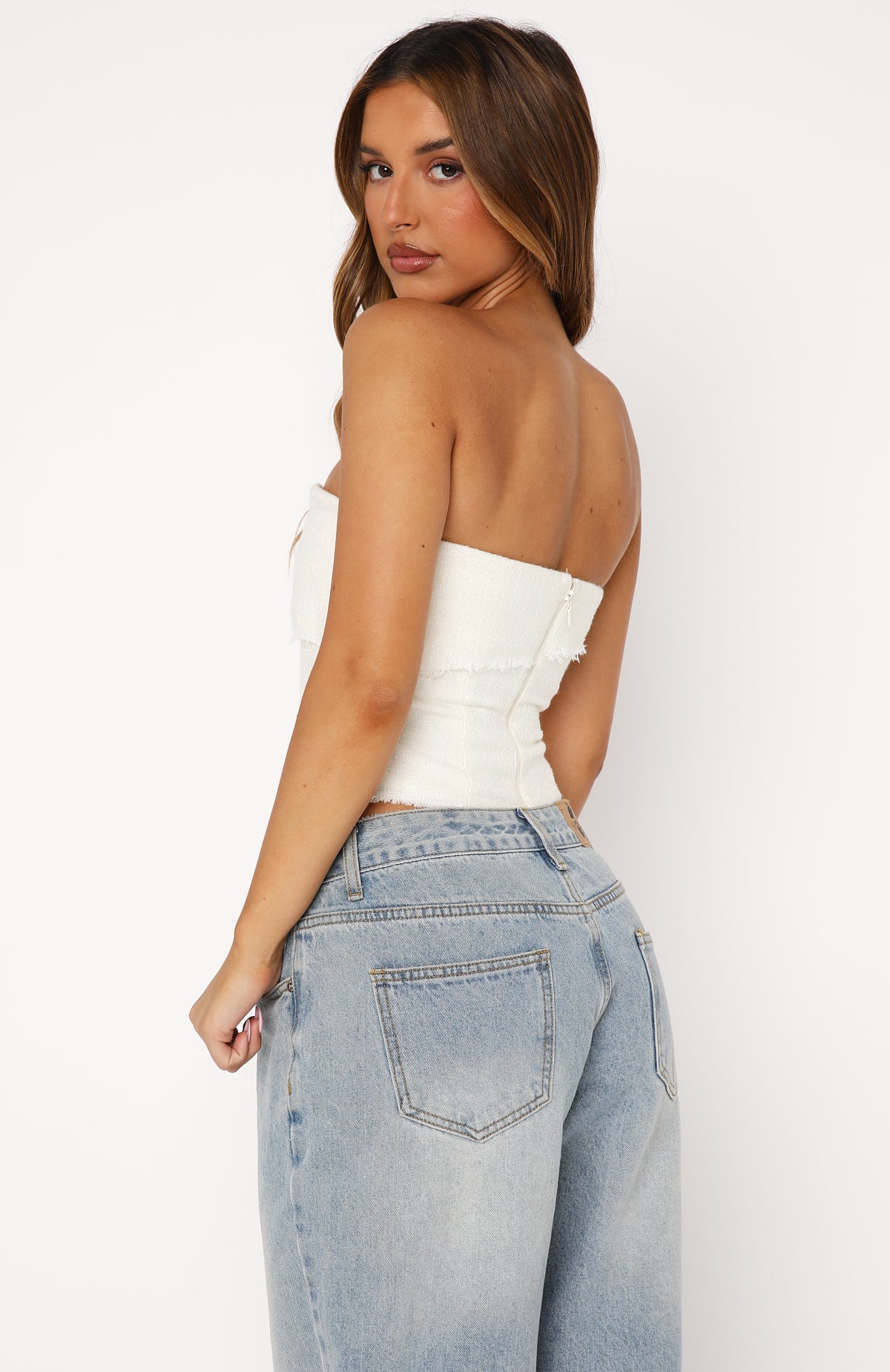 Strapless Bustier Top Off White - Cropped Tinsel Design with Grip Tape