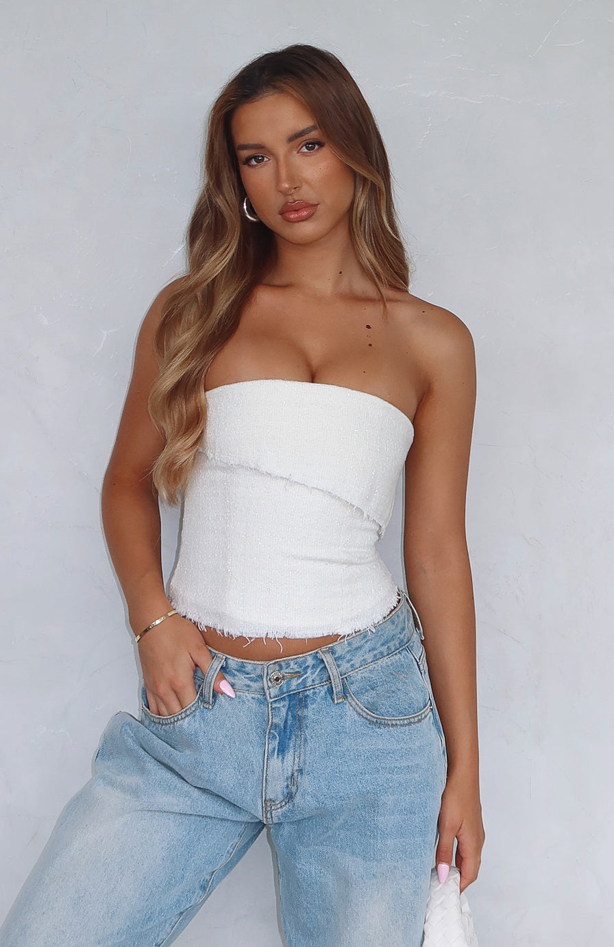 Strapless Bustier Top Off White - Cropped Tinsel Design with Grip Tape
