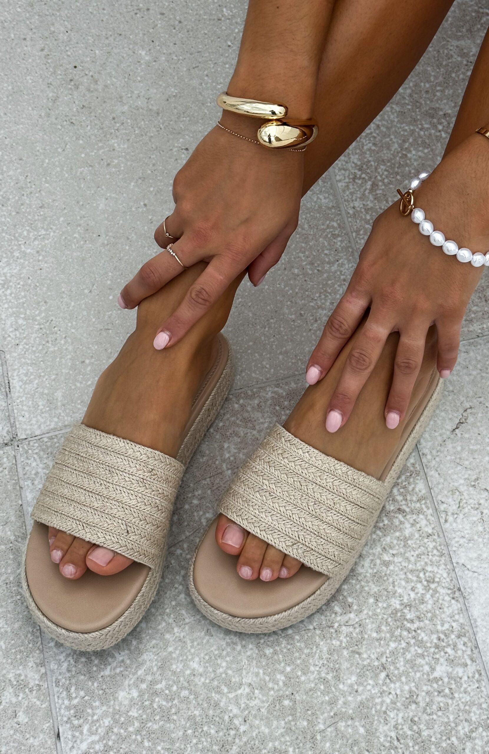 Lush Life Woven Platform Slides – Natural Fabric & Padded Footbed