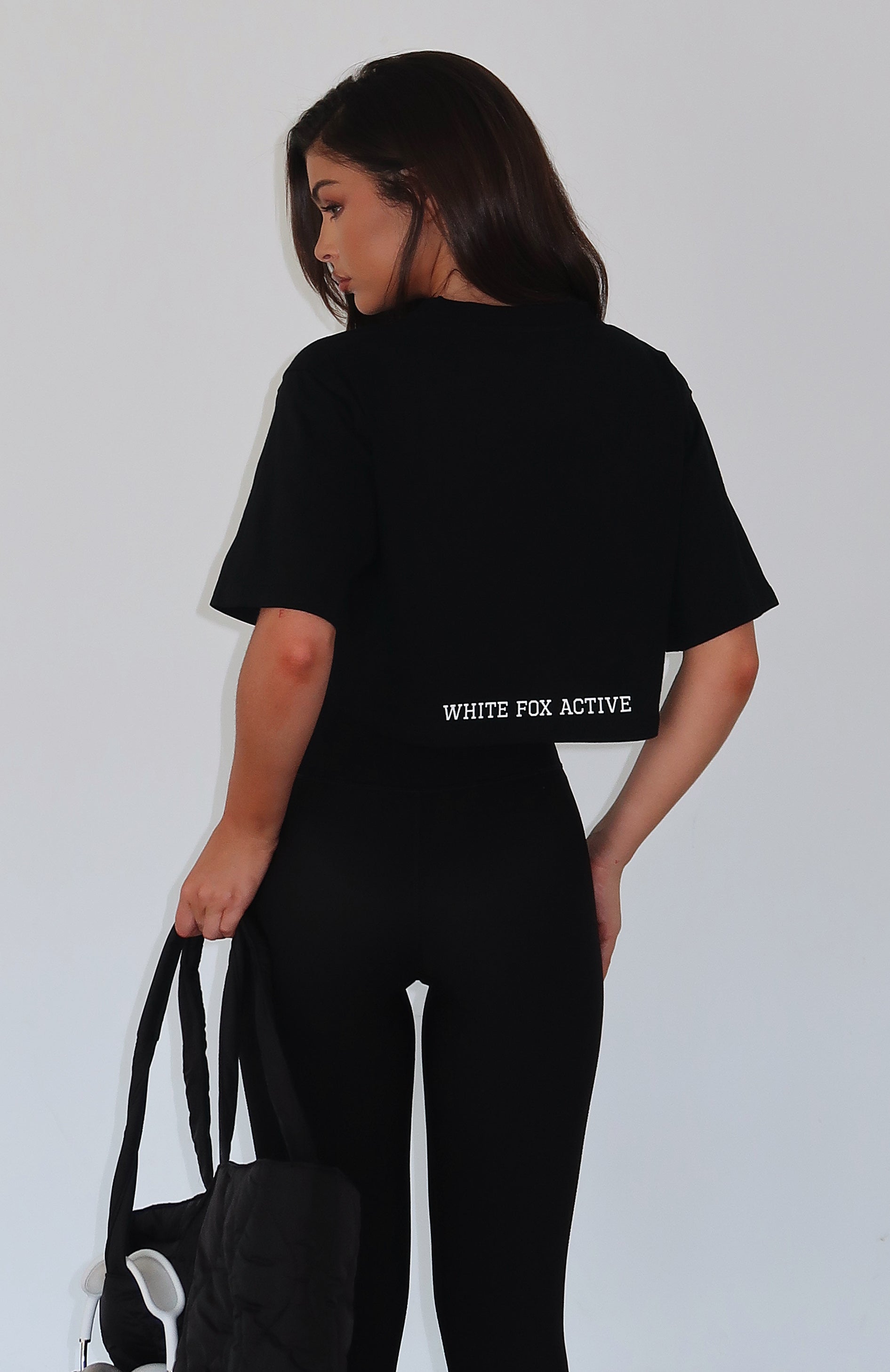 White Fox Active Oversized Cropped T-Shirt - Black Cotton Tee