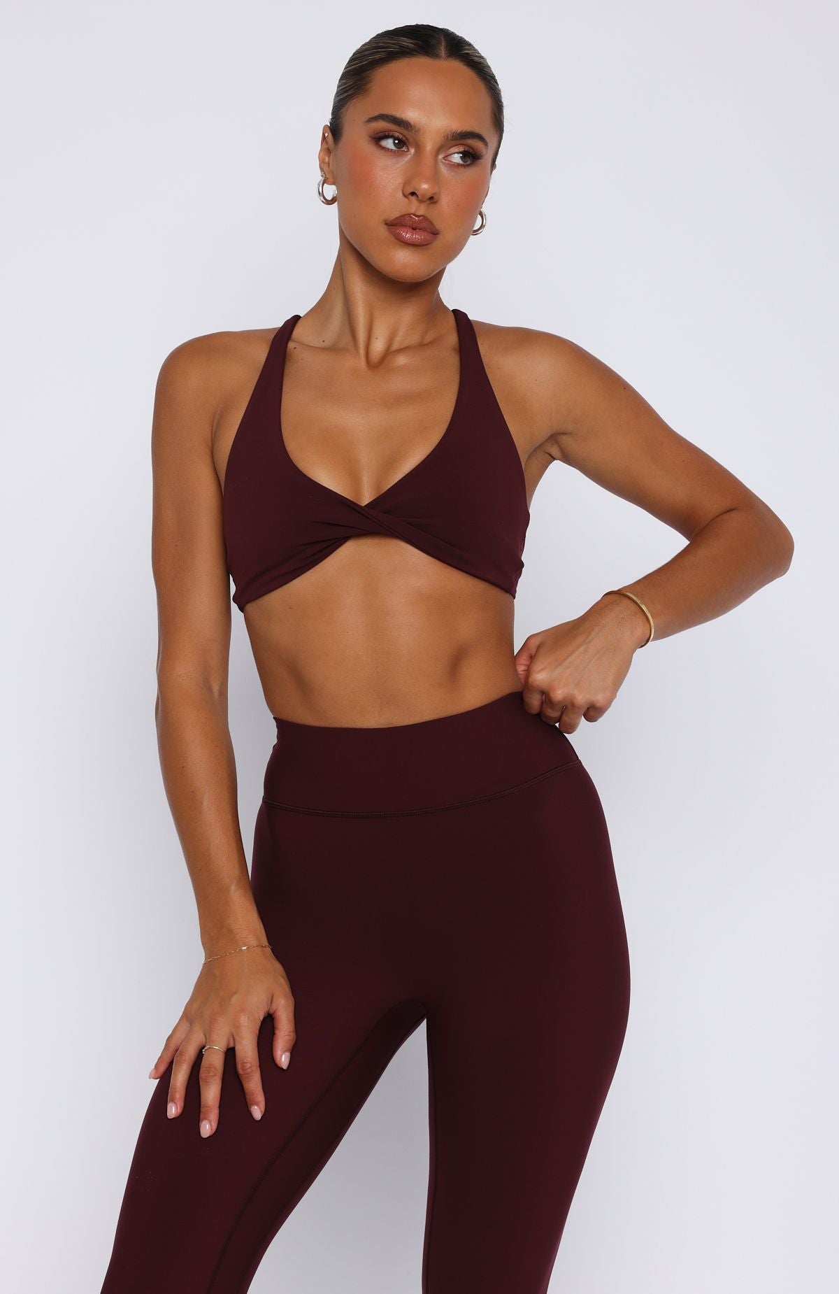 White Fox Active High Support Sports Bra - Plunge Neckline, Criss-Cross Back - Merlot