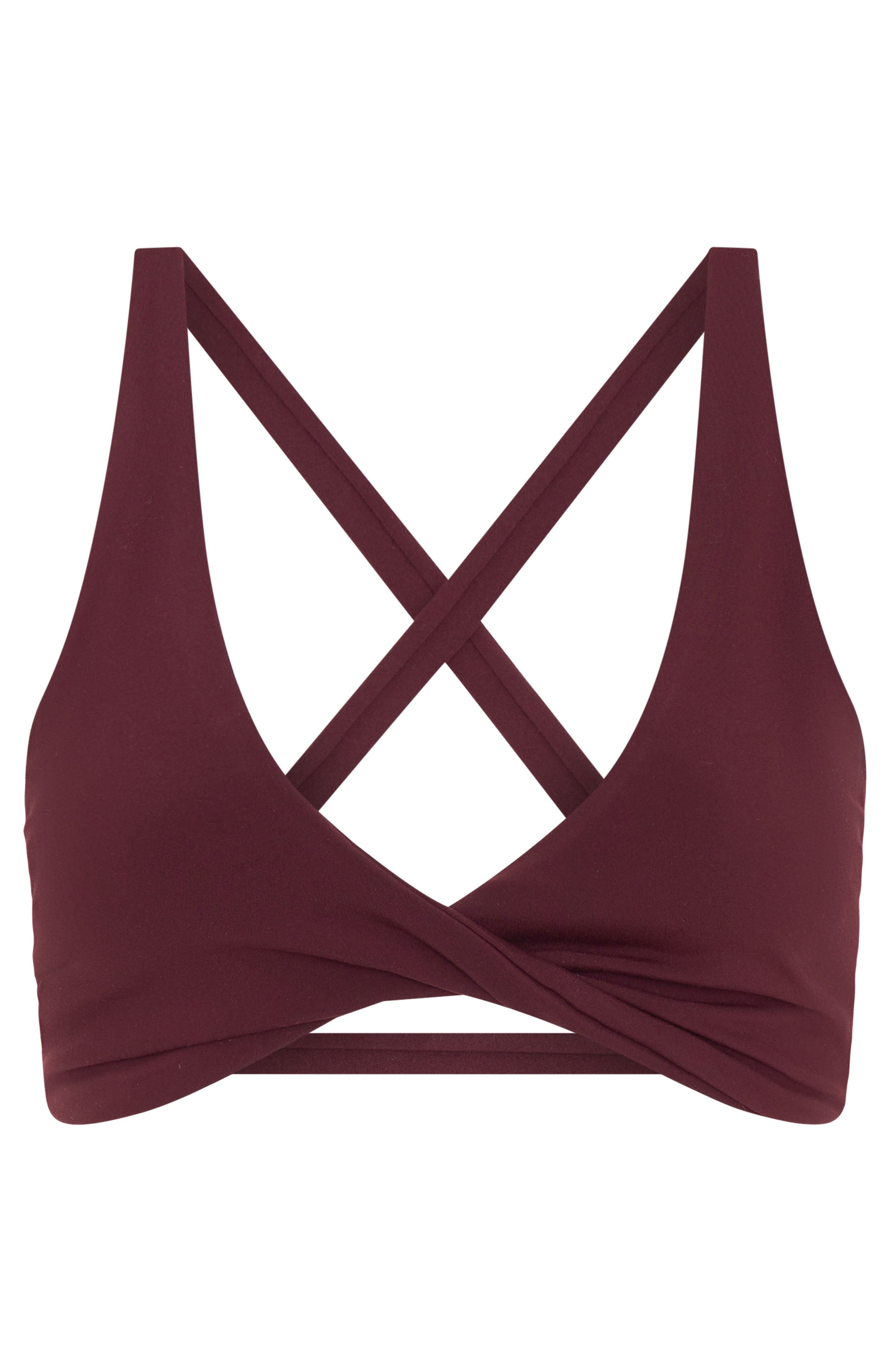 White Fox Active High Support Sports Bra - Plunge Neckline, Criss-Cross Back - Merlot