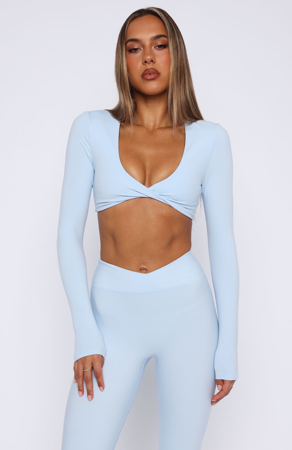 White Fox Active Over The Line Long Sleeve Crop Top - Baby Blue
