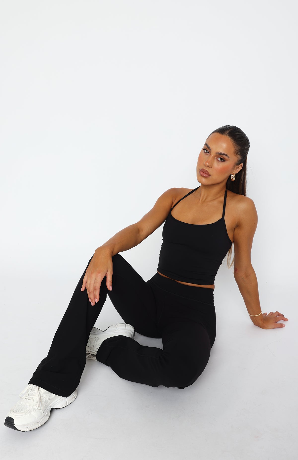 White Fox Never Last Crop Top - Black Adjustable Halter Sports Bra