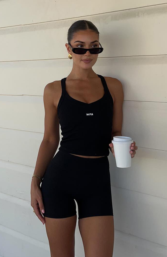 White Fox Active Performance Sports Tank Top - Black Ribbed Crop Top