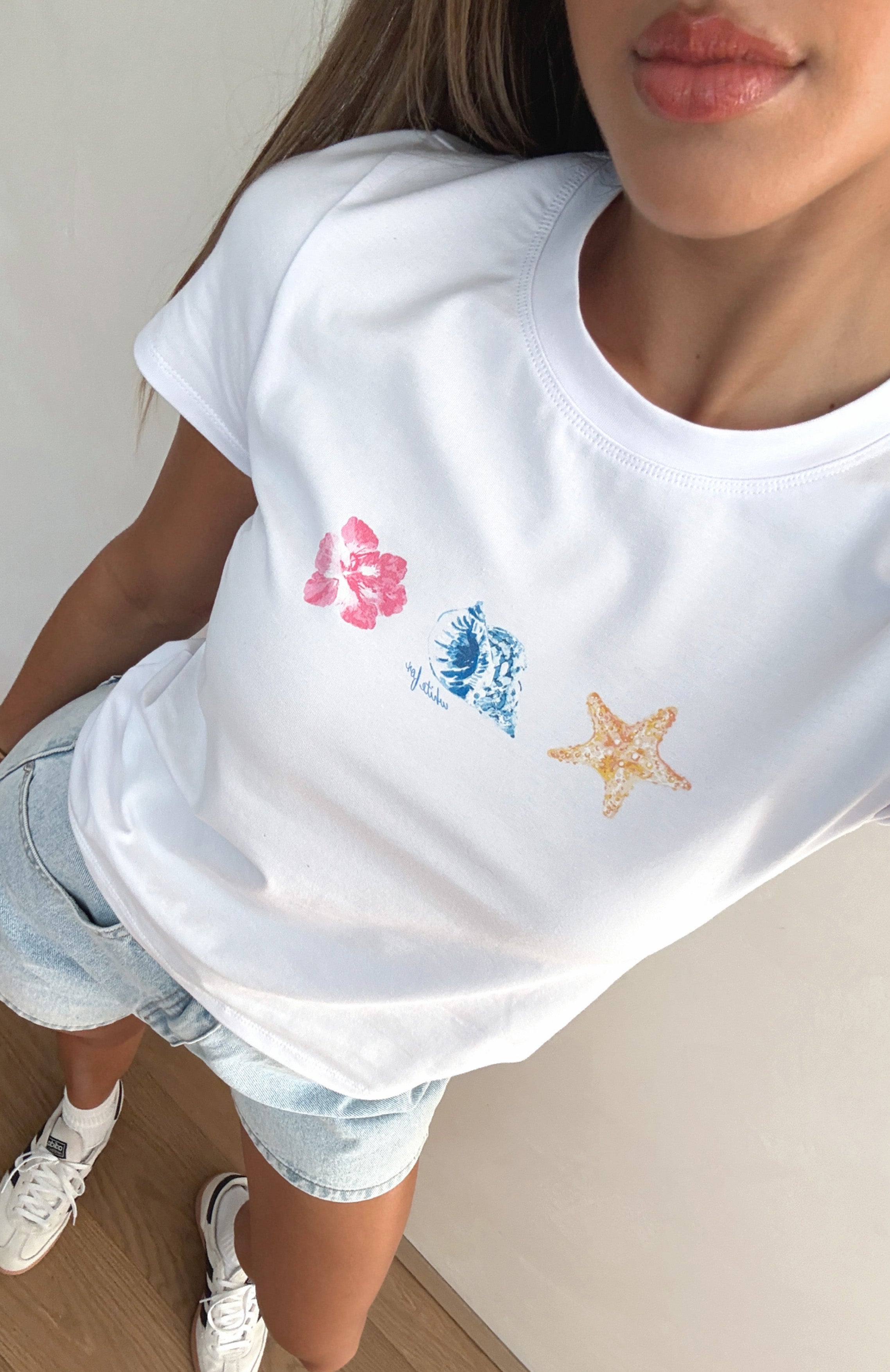 White Sea Shells Graphic Relaxed Baby Tee - Cotton Spandex Blend