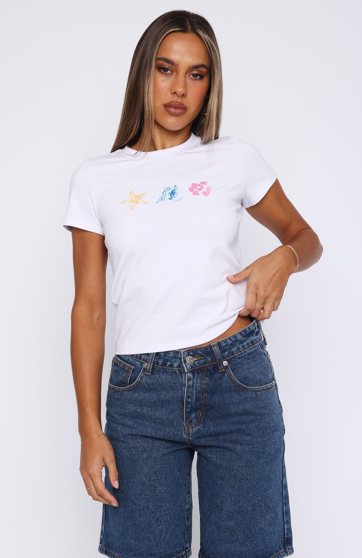 White Sea Shells Graphic Relaxed Baby Tee - Cotton Spandex Blend