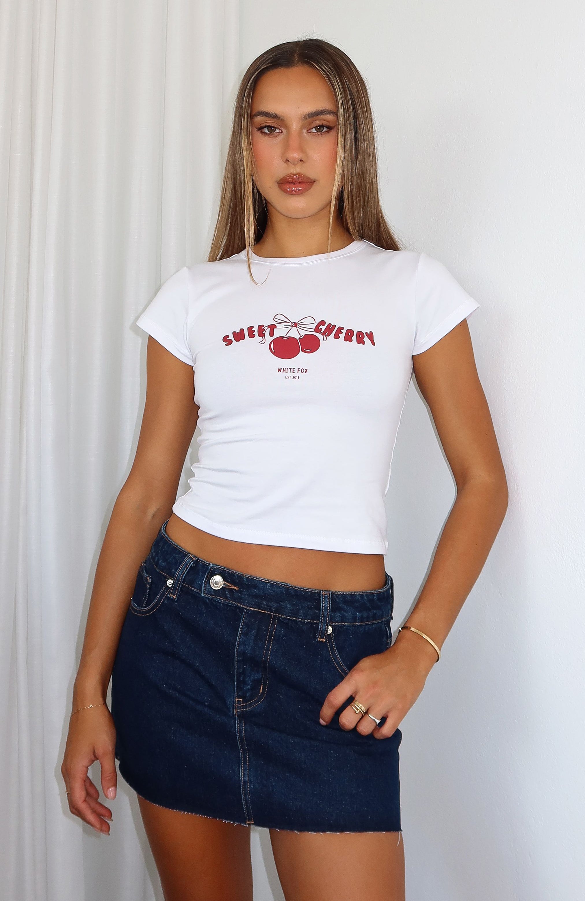 Sweet Cherry Print White Baby Tee - Cotton Spandex Blend
