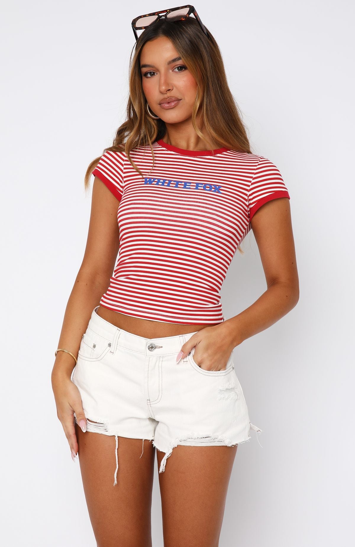 Public Attention Off White Distressed Denim Shorts