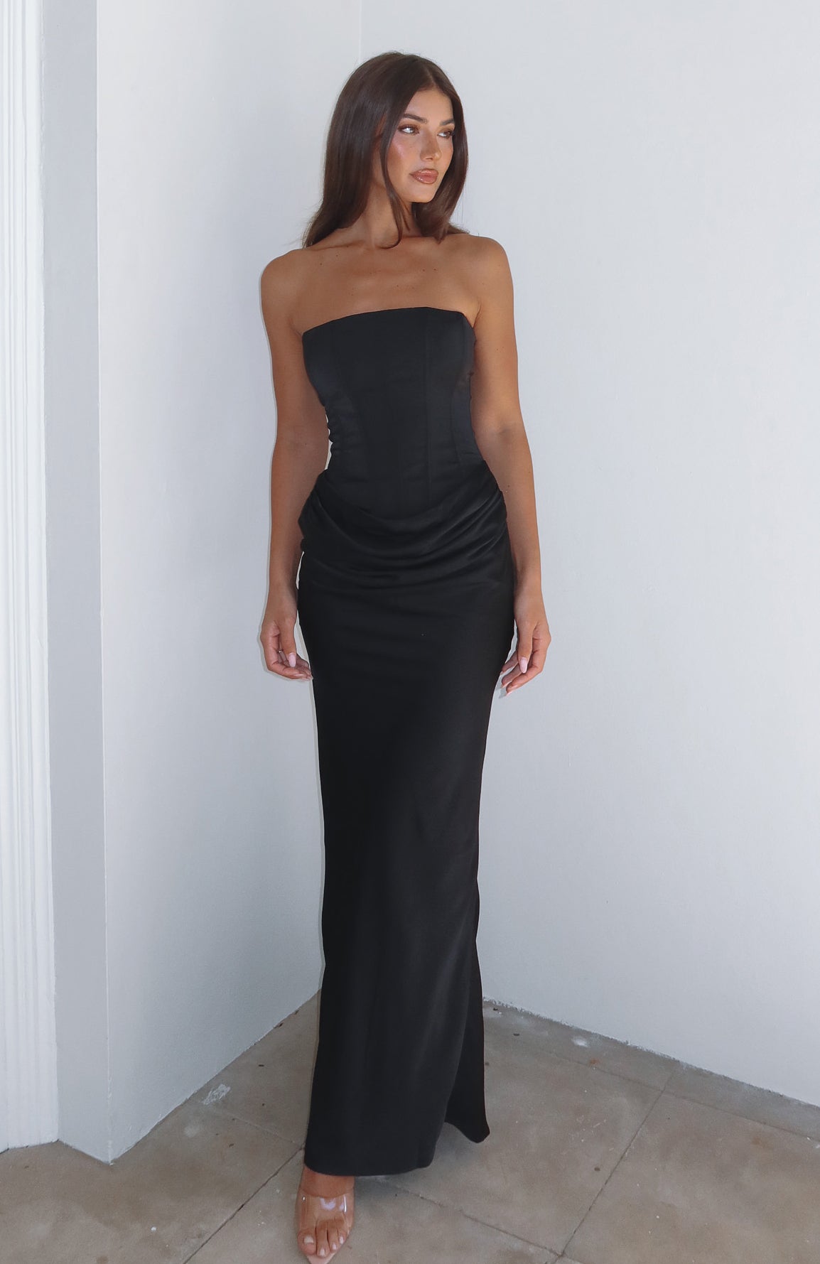 Black Strapless Corset Maxi Dress with Lace-Up Back