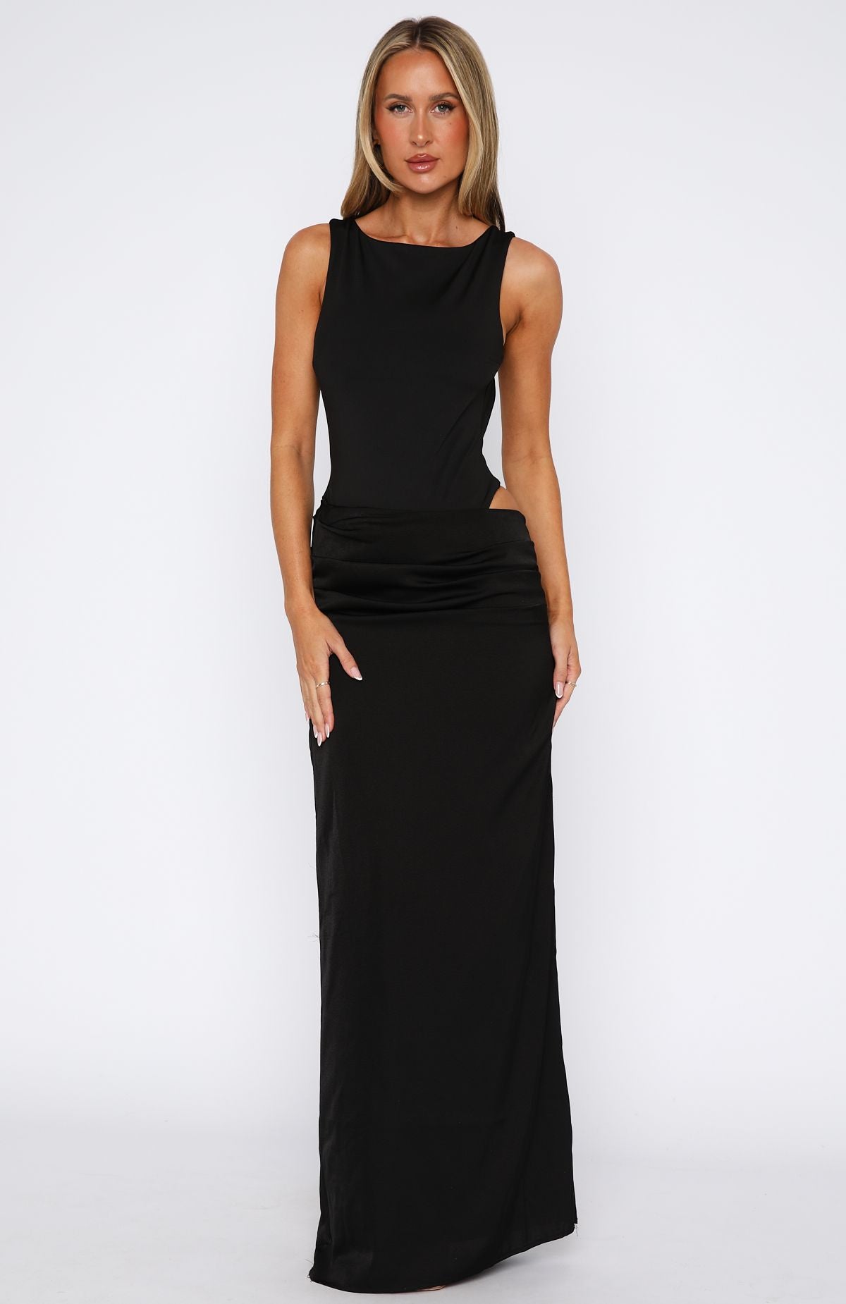 Moonlight Muse Black Maxi Dress with Cut Out & Side Split