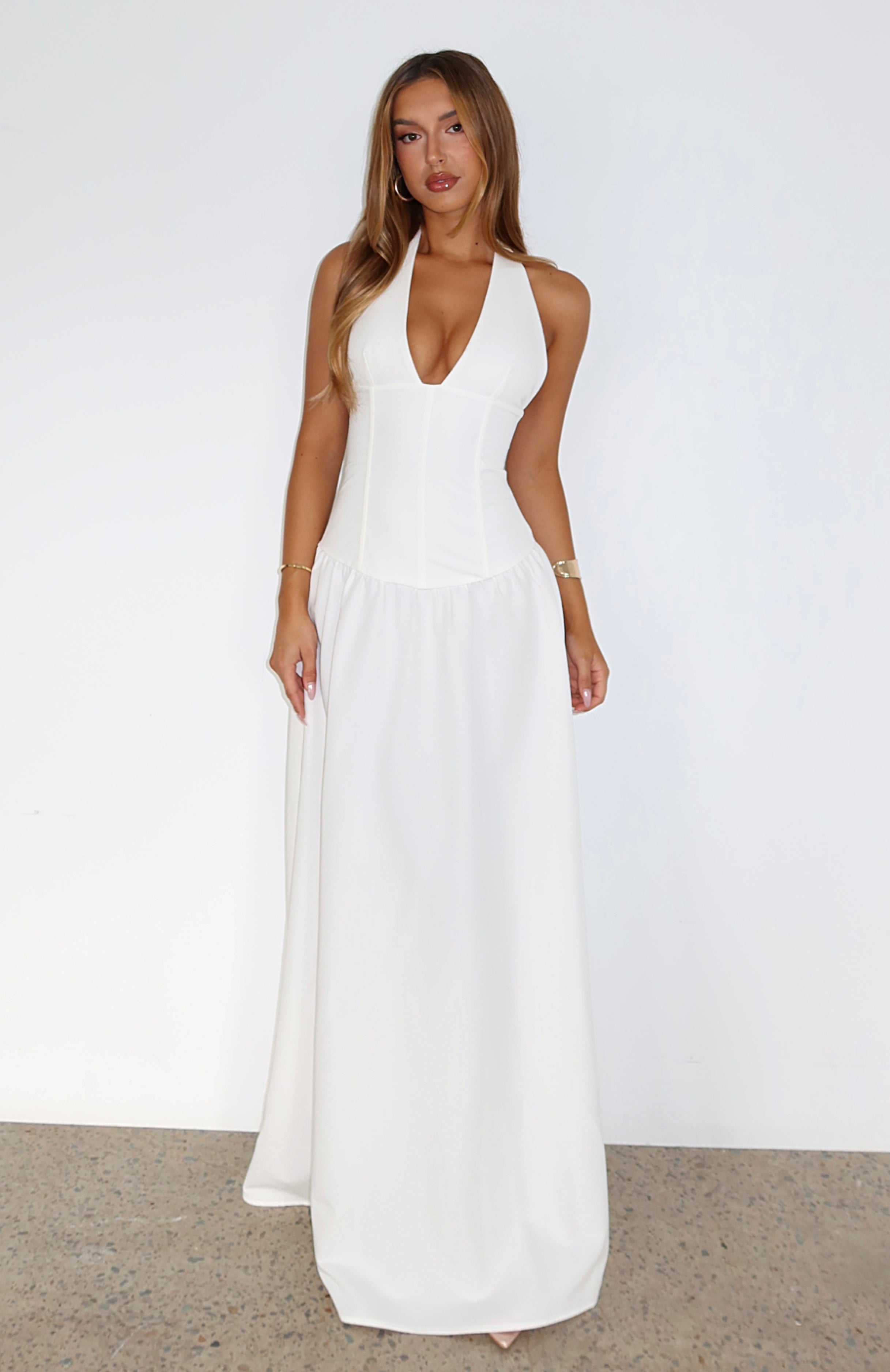 White Halter Neck Maxi Dress - Backless & Lined Design