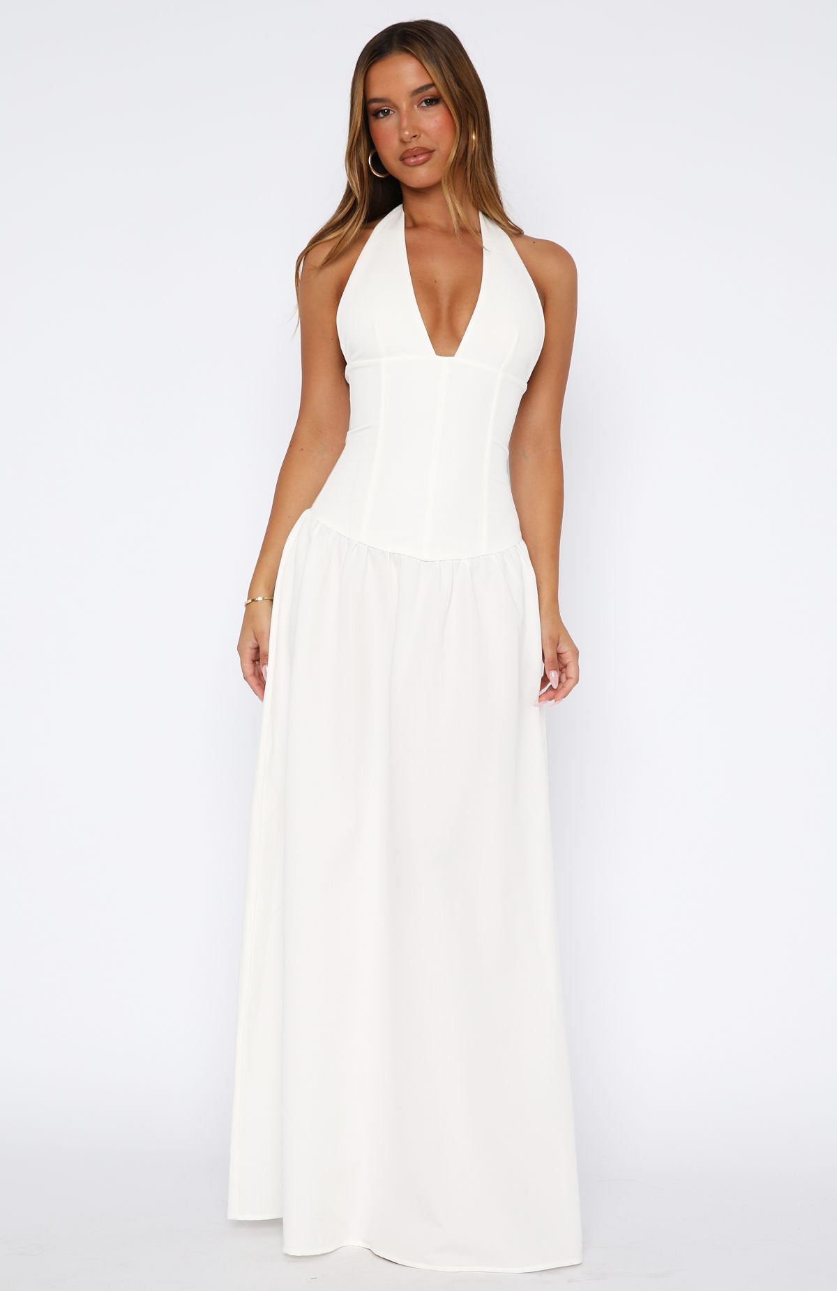 White Halter Neck Maxi Dress - Backless & Lined Design