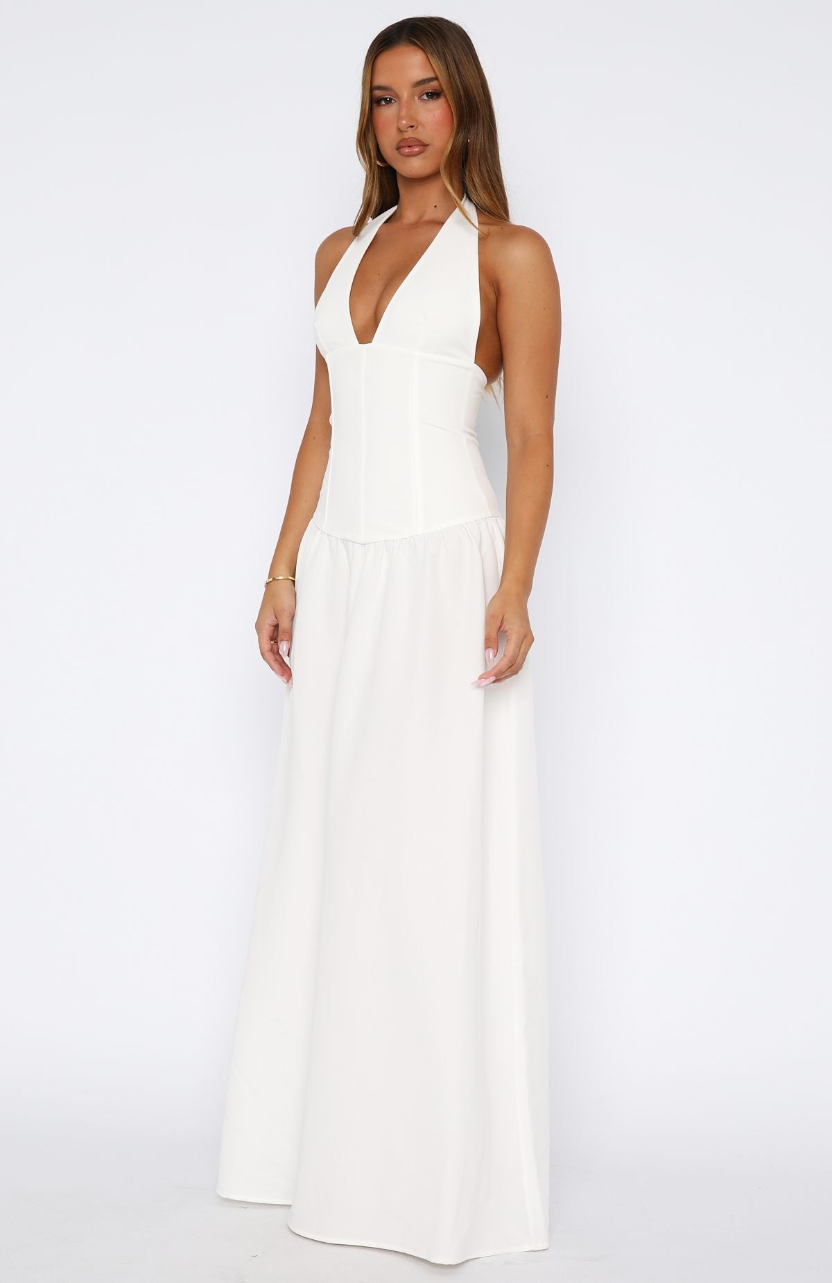 White Halter Neck Maxi Dress - Backless & Lined Design