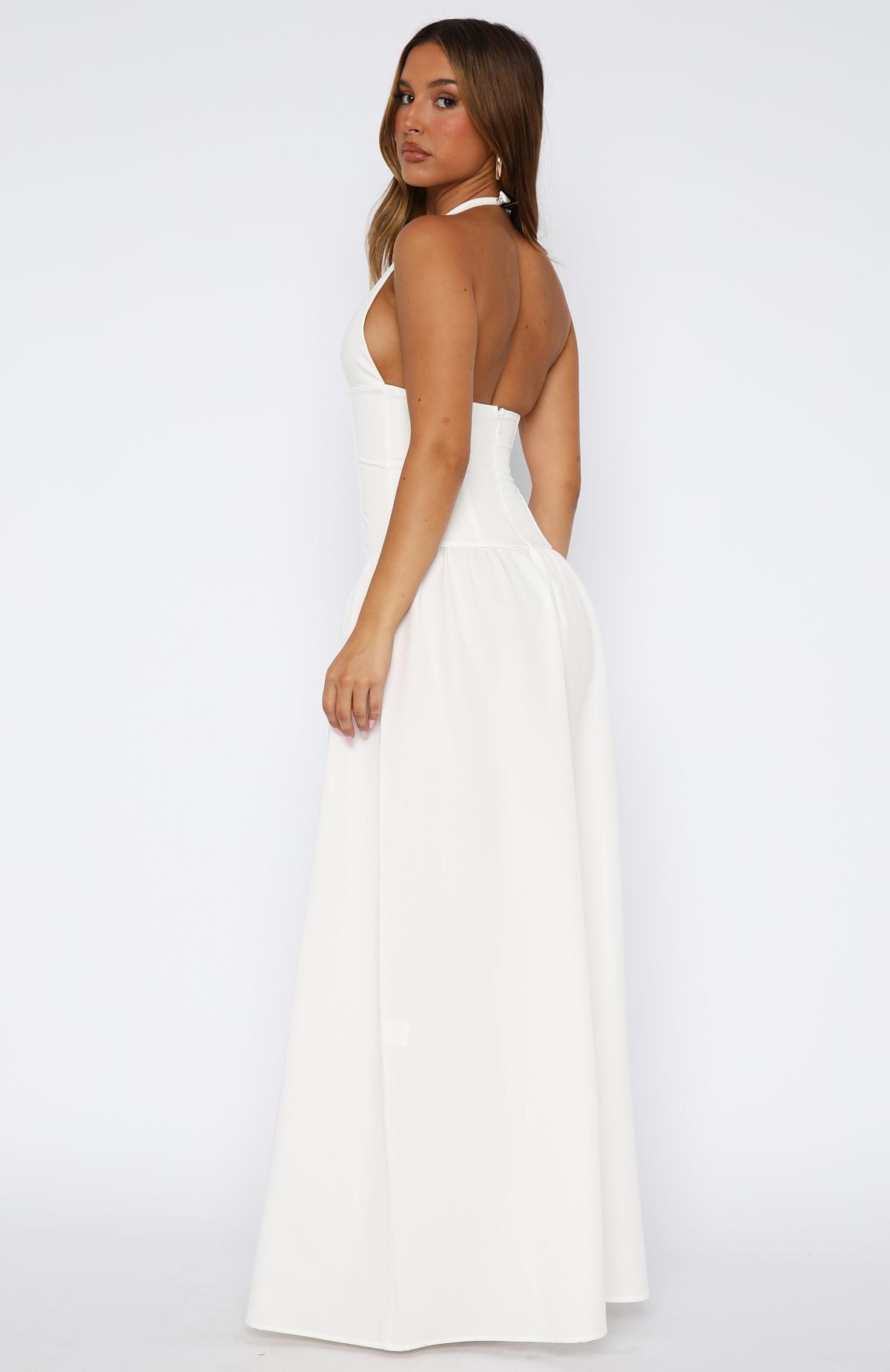 White Halter Neck Maxi Dress - Backless & Lined Design