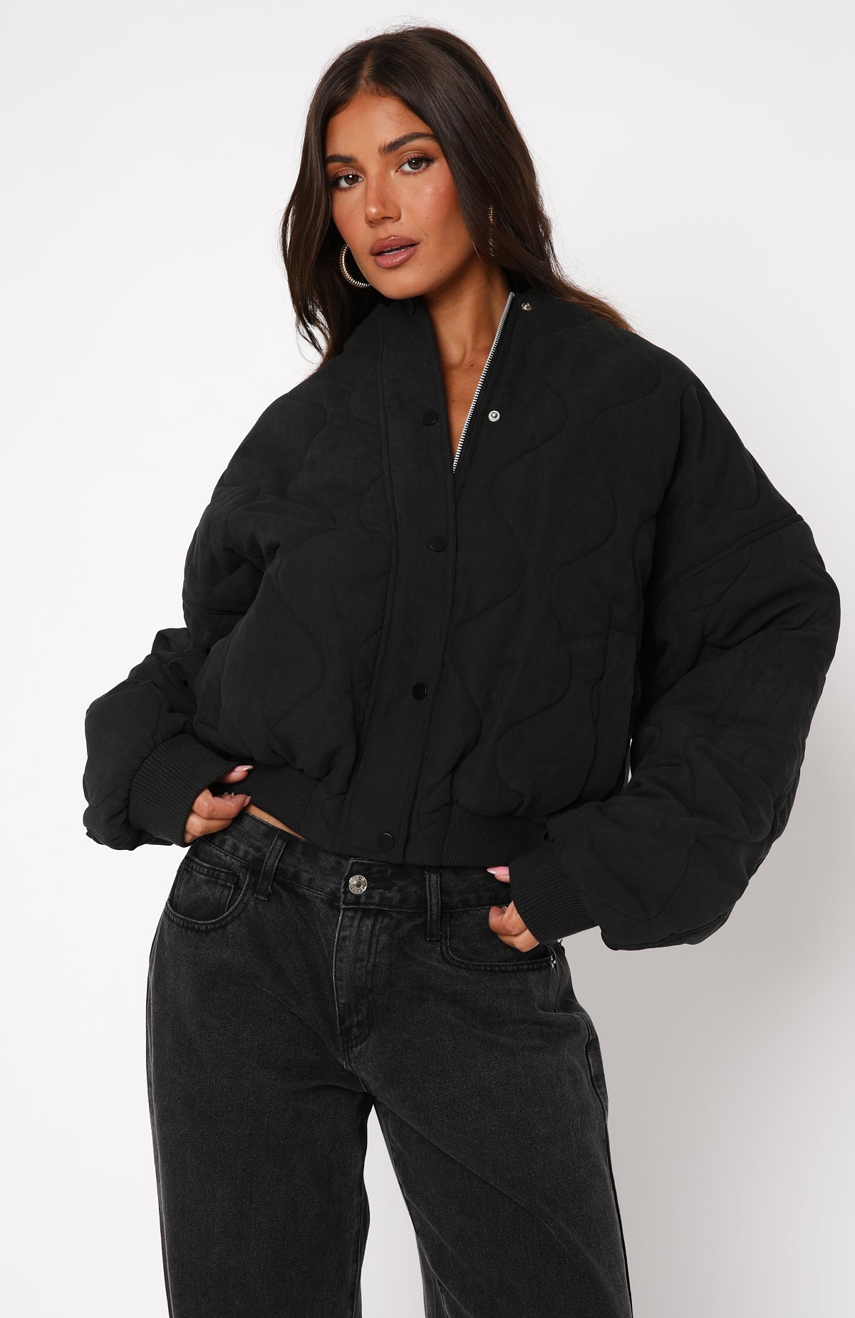 Women's Black Quilted Bomber Jacket - Oversized Soft Love Style