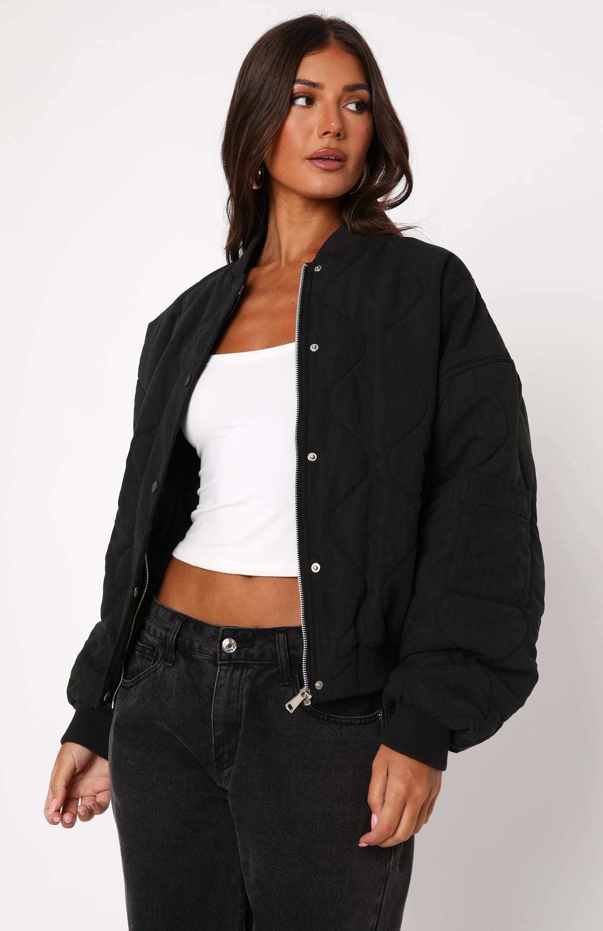 Women's Black Quilted Bomber Jacket - Oversized Soft Love Style