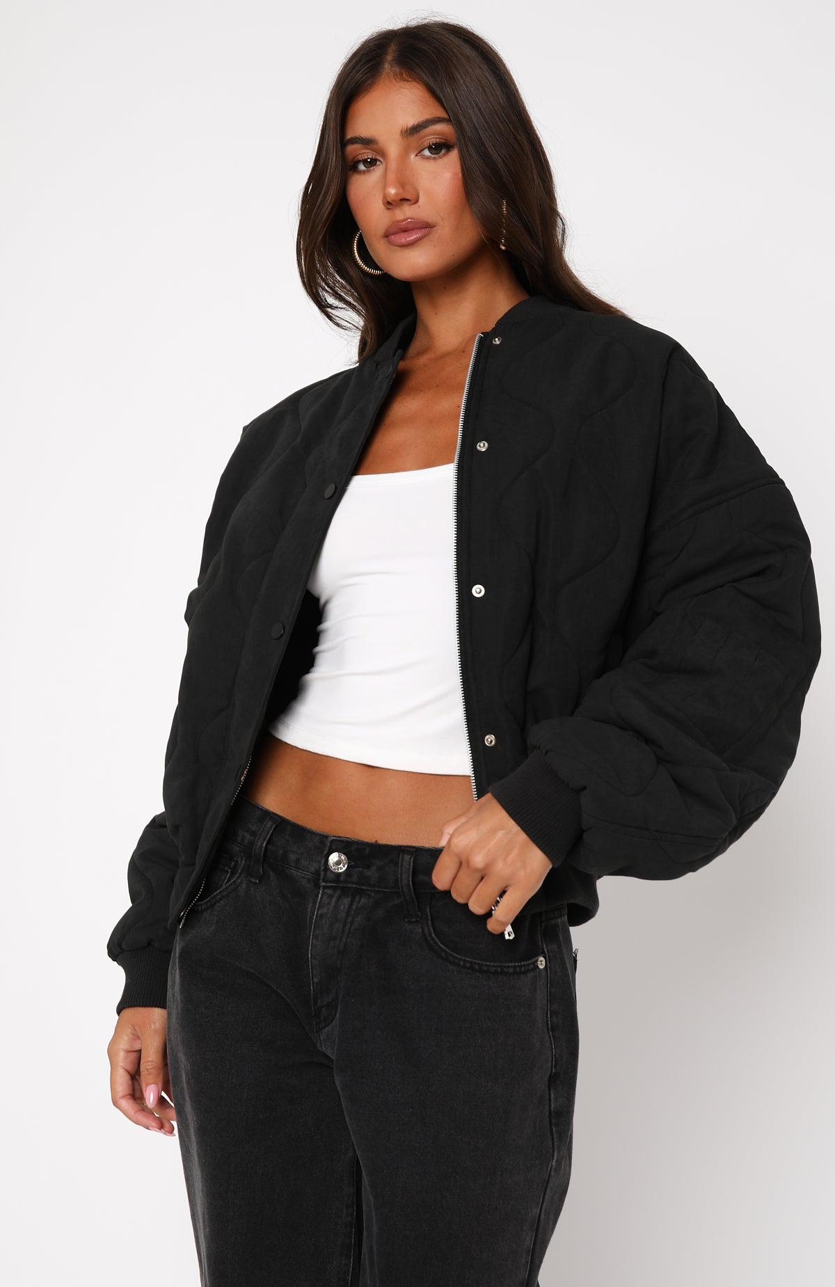 Women's Black Quilted Bomber Jacket - Oversized Soft Love Style