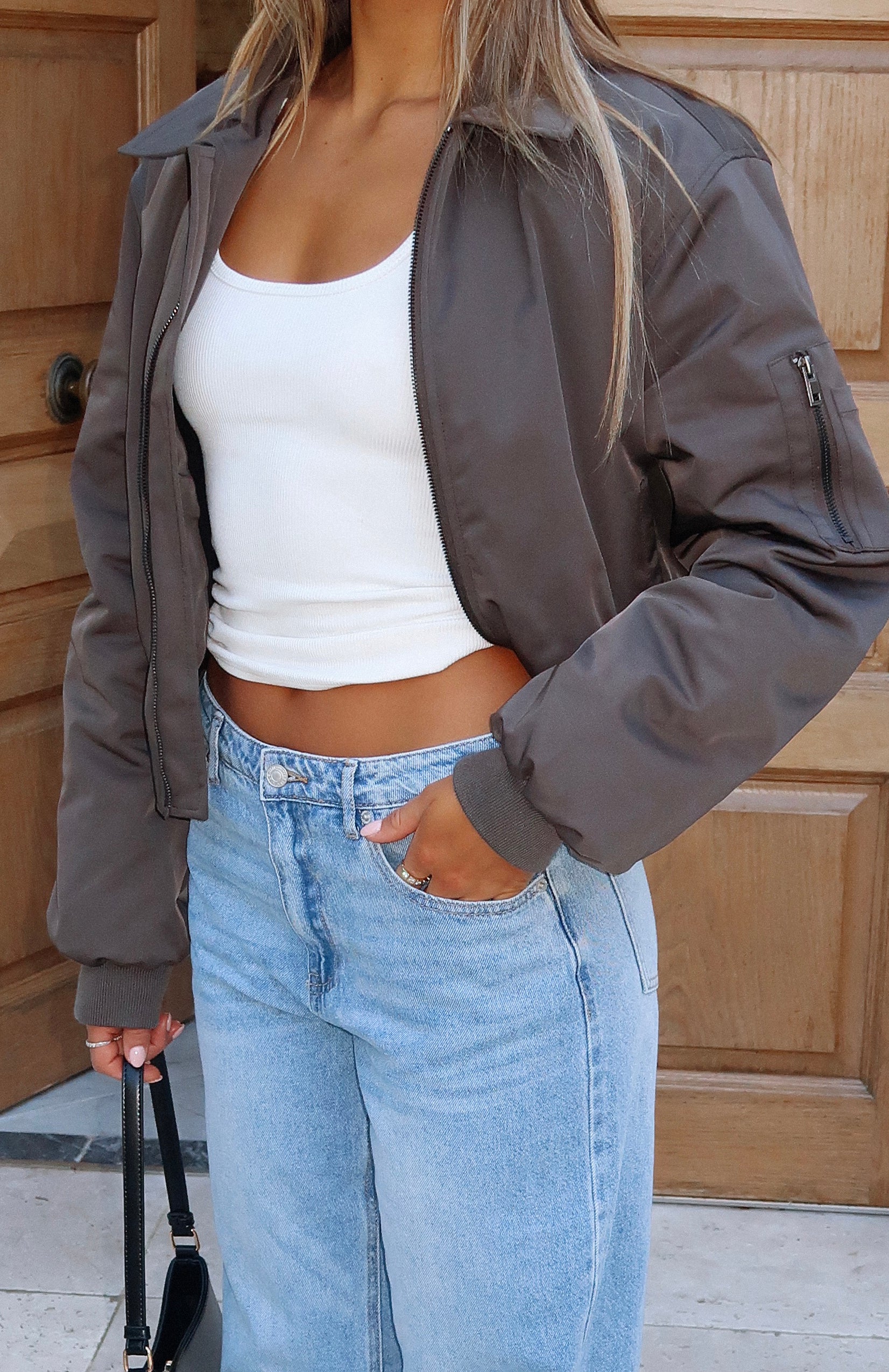 Something Forgotten Slate Bomber Jacket - Cropped & Oversized