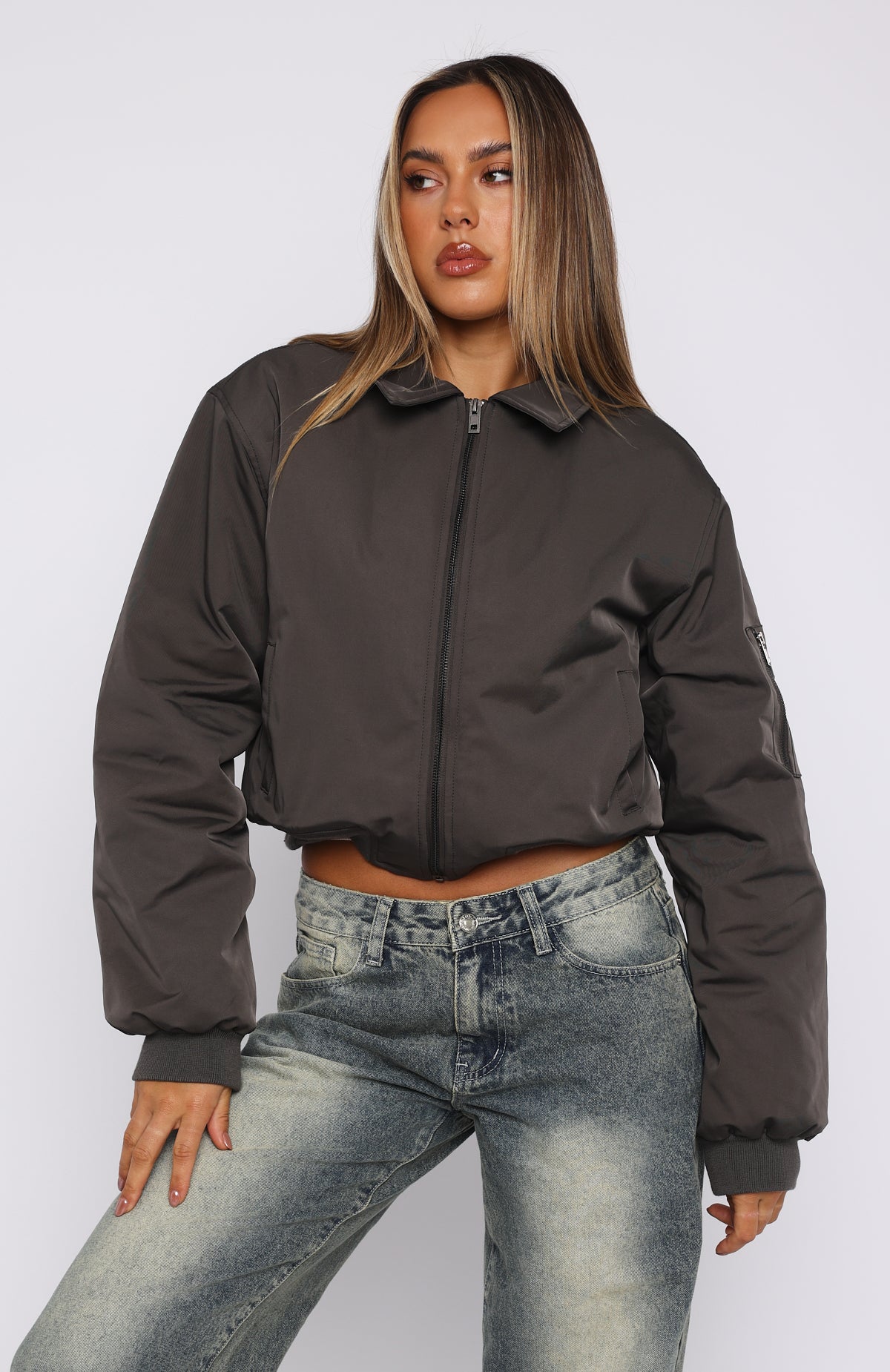 Something Forgotten Slate Bomber Jacket - Cropped & Oversized