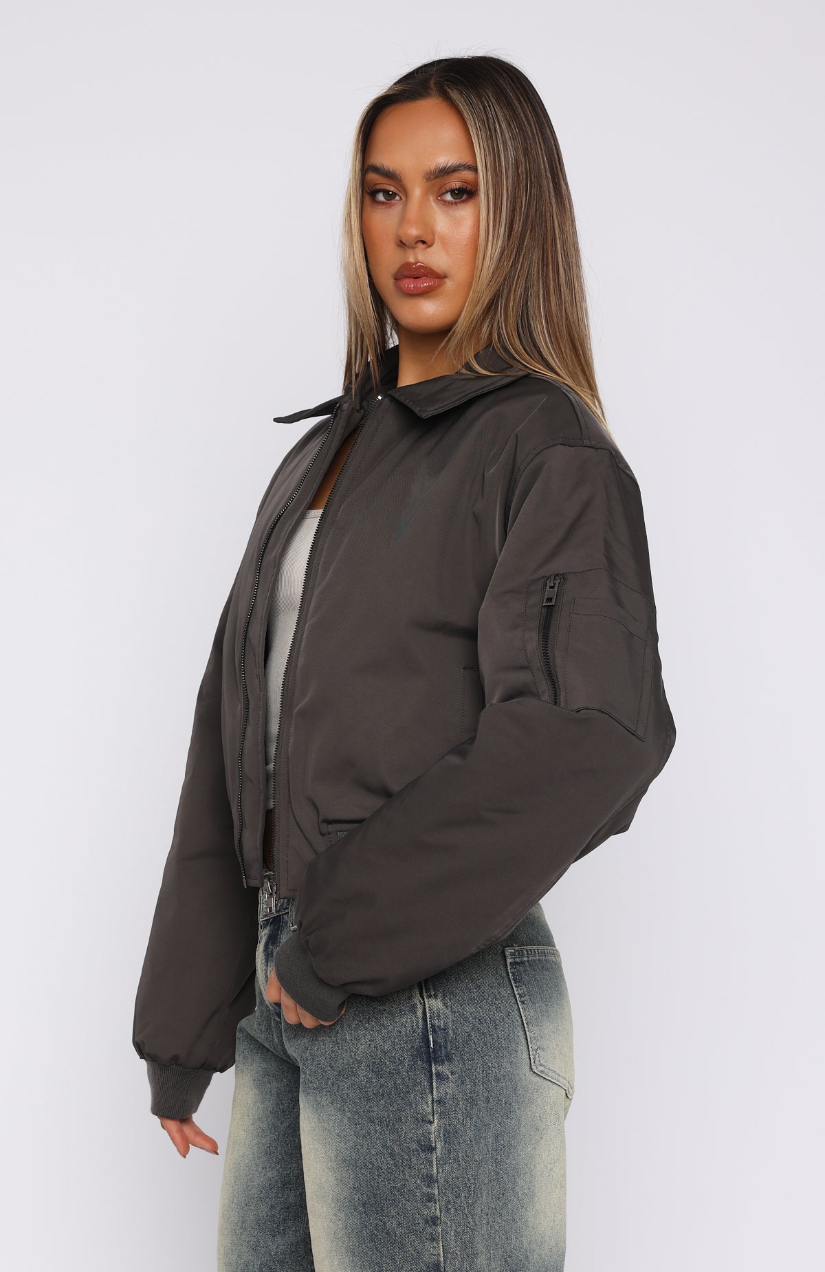 Something Forgotten Slate Bomber Jacket - Cropped & Oversized