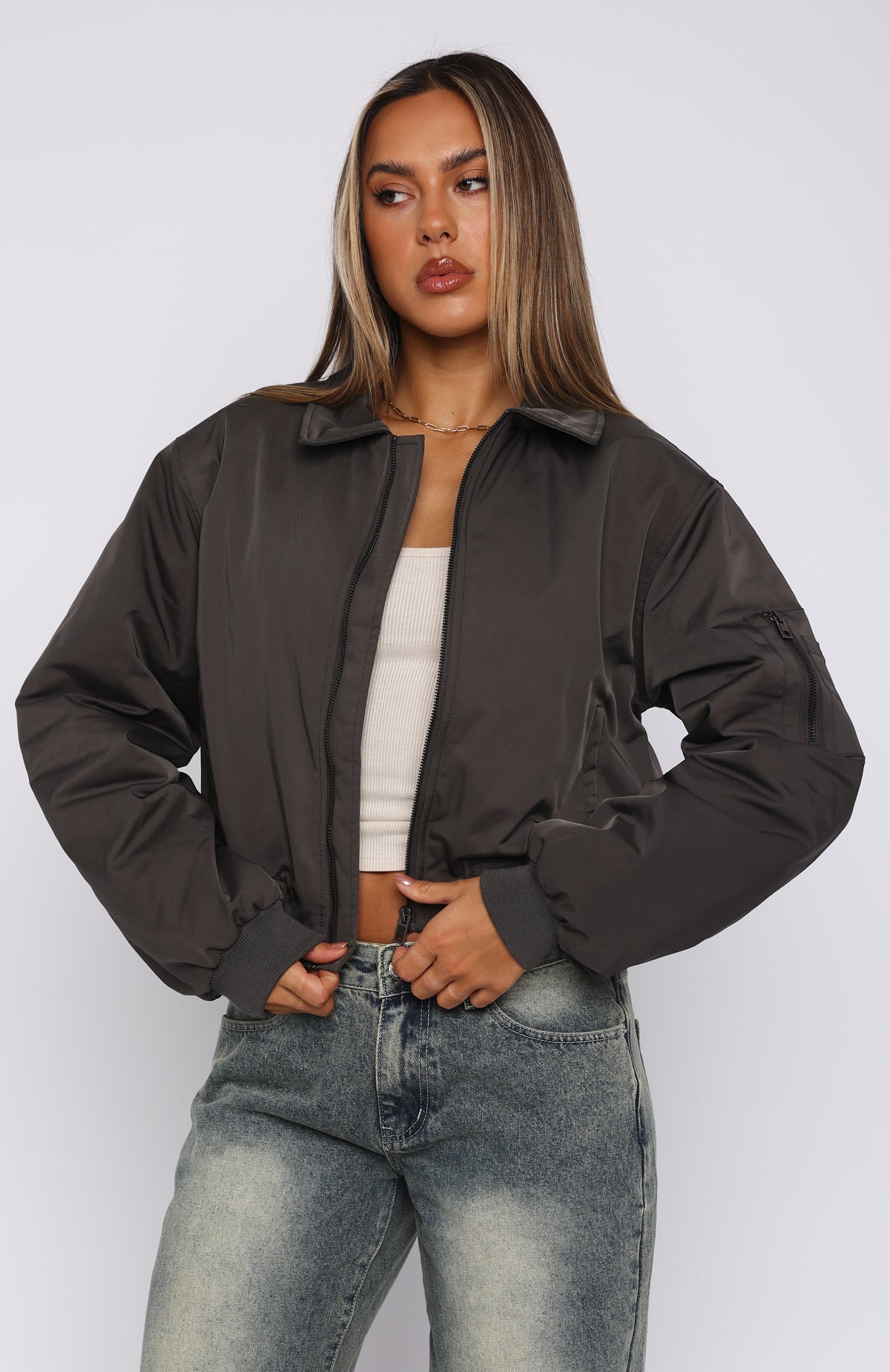 Something Forgotten Slate Bomber Jacket - Cropped & Oversized