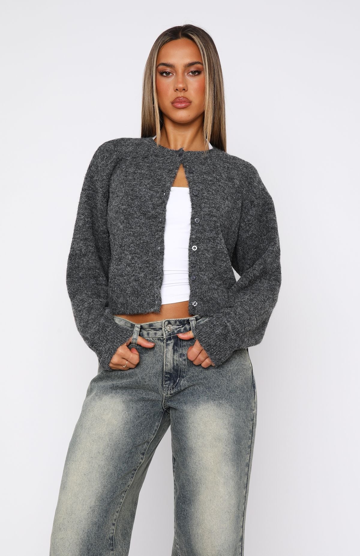 Warm Whispers Cropped Knit Cardigan - Charcoal
