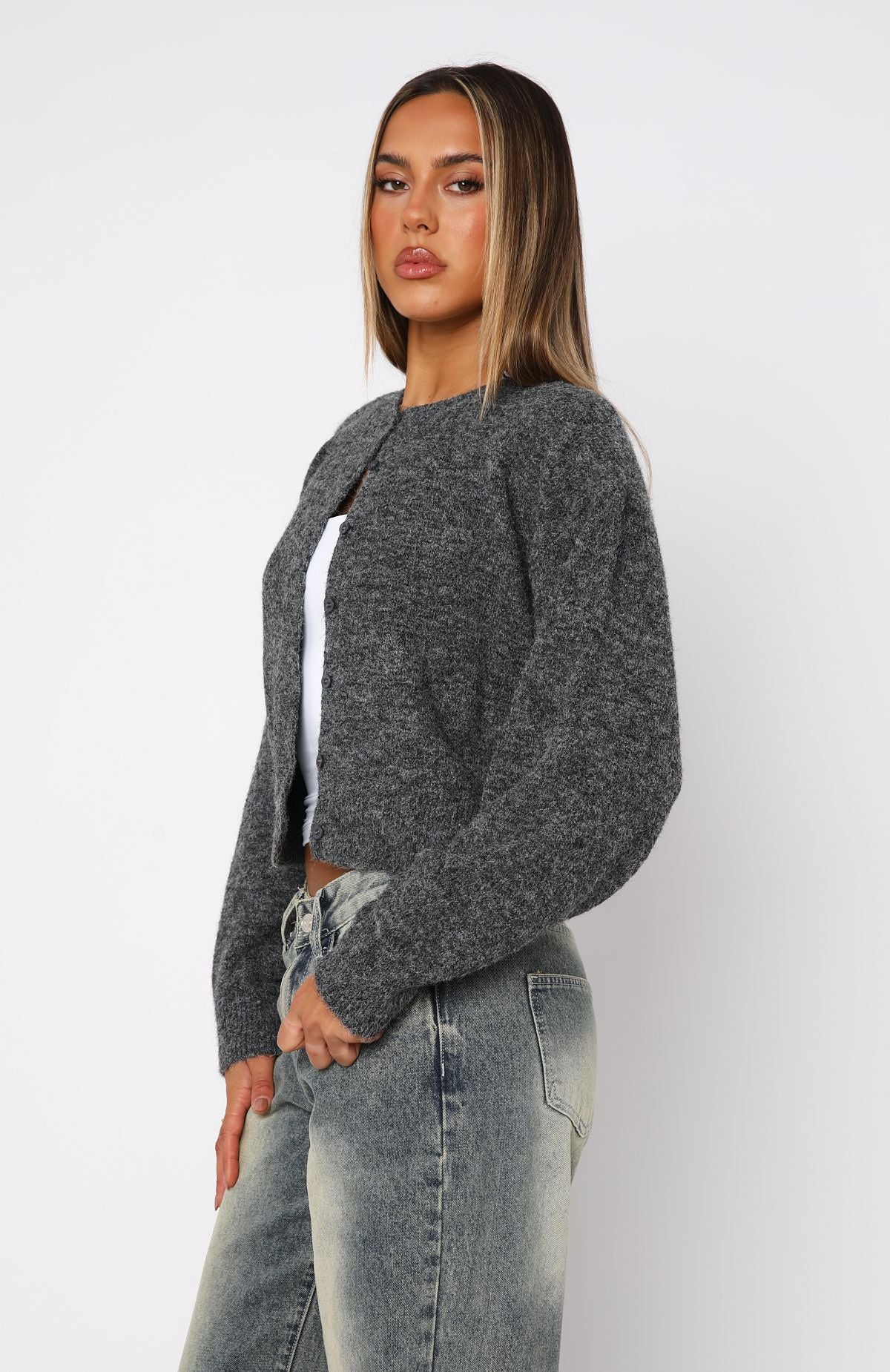 Warm Whispers Cropped Knit Cardigan - Charcoal