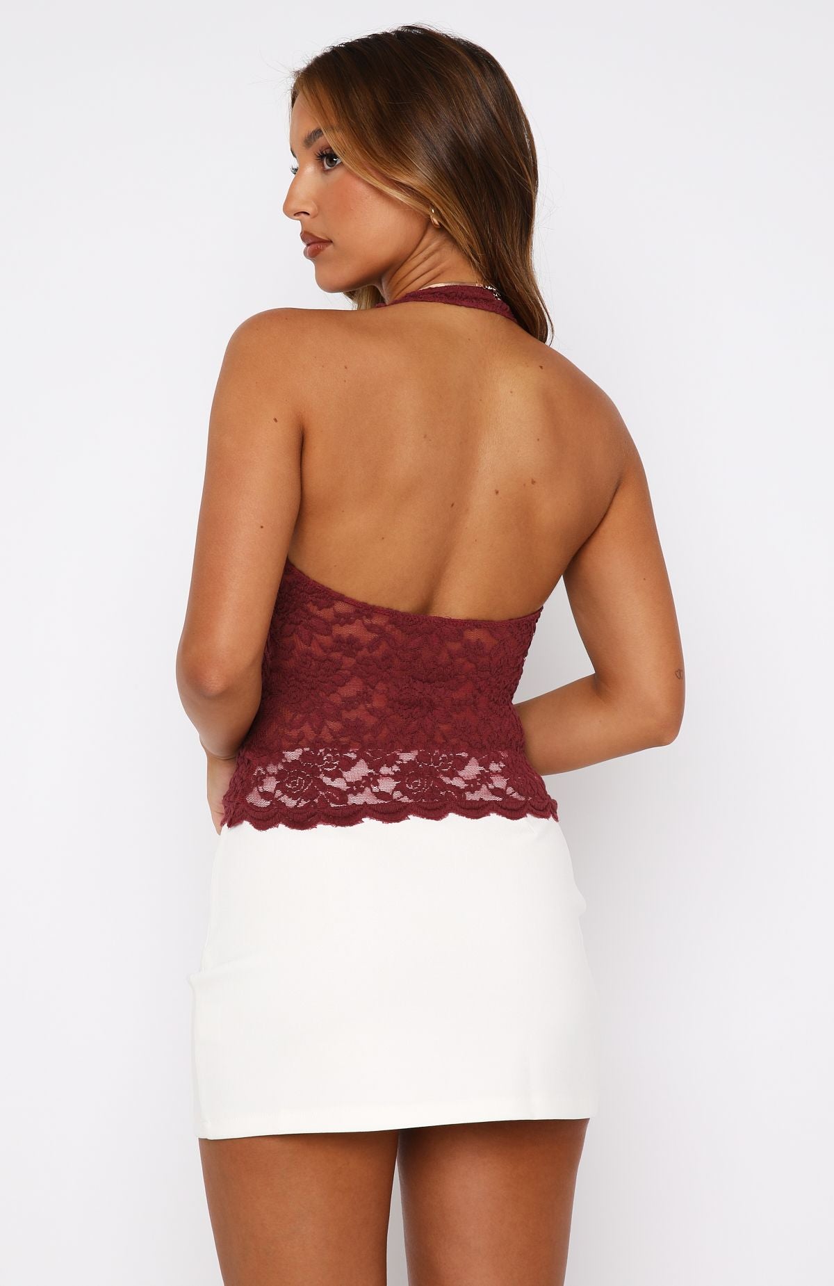 Sheer Lace Halter Top Wine - Backless Stretch Blouse for Brunch