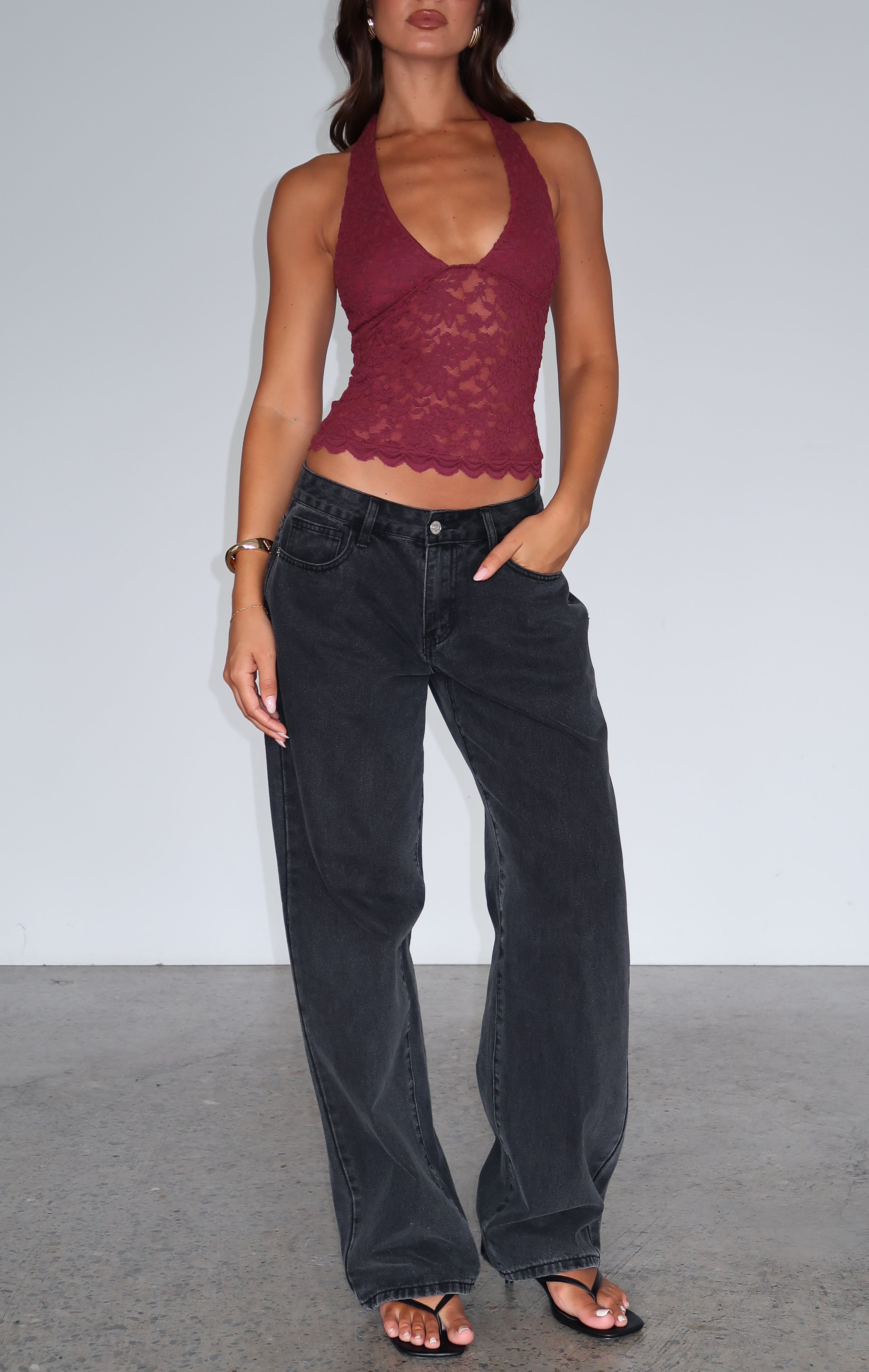Sheer Lace Halter Top Wine - Backless Stretch Blouse for Brunch