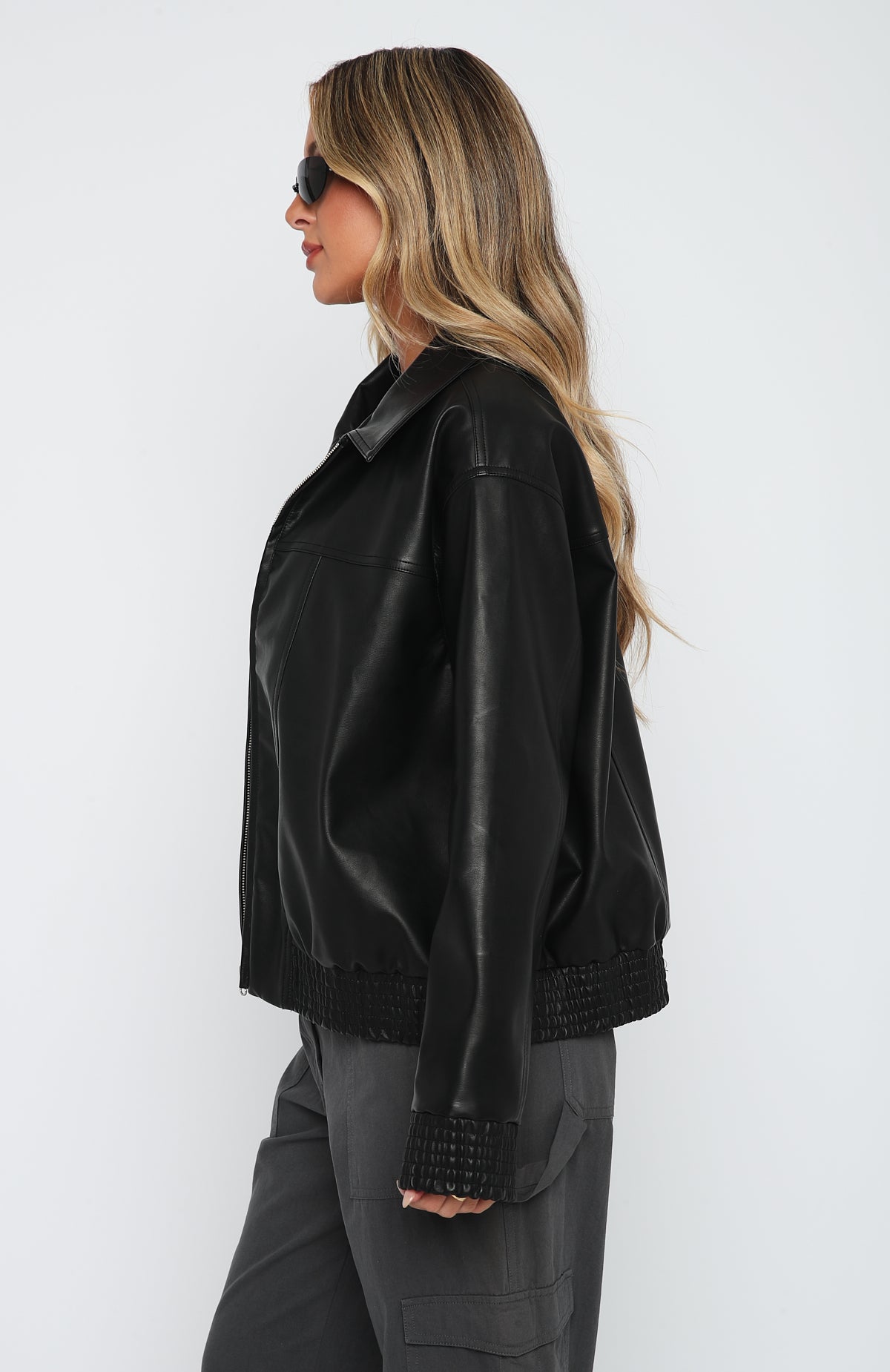 Make Things Right Black PU Bomber Jacket with Zipper Closure