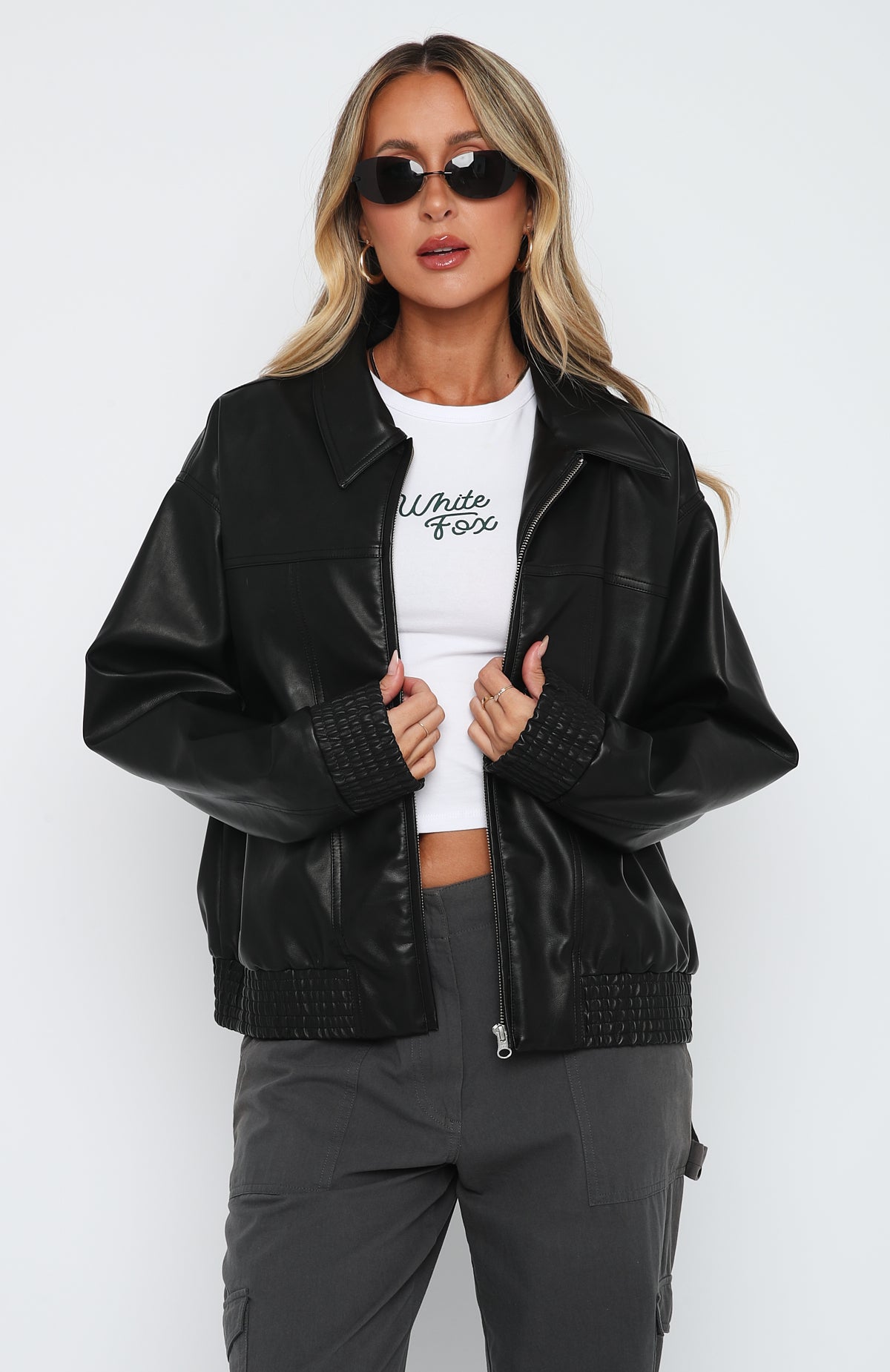 Make Things Right Black PU Bomber Jacket with Zipper Closure