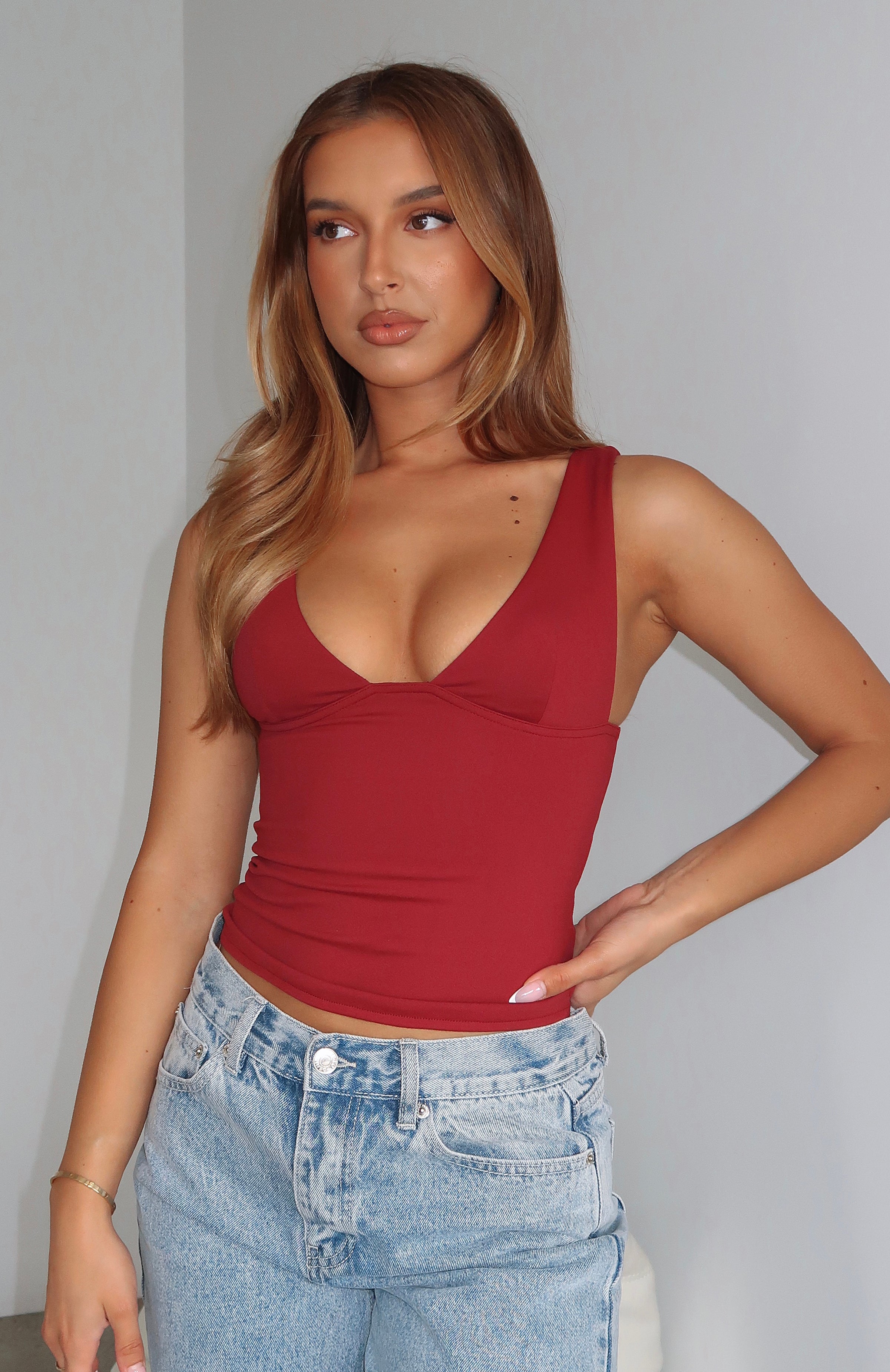 Taking Up Space Wine Cropped Plunge Top - Stretch Lined Blouse