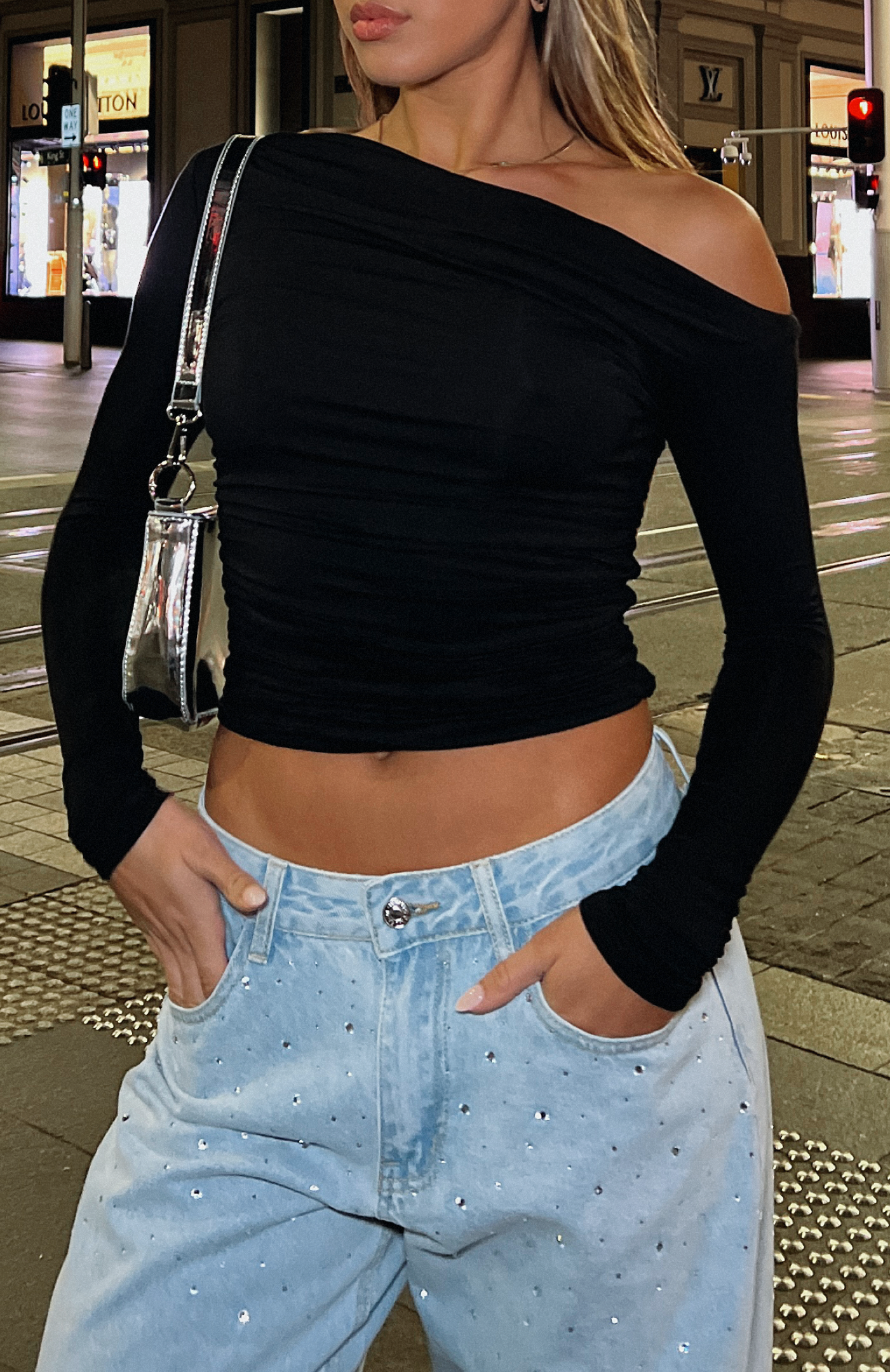 Off Shoulder Long Sleeve Top Black - Best Of Luck