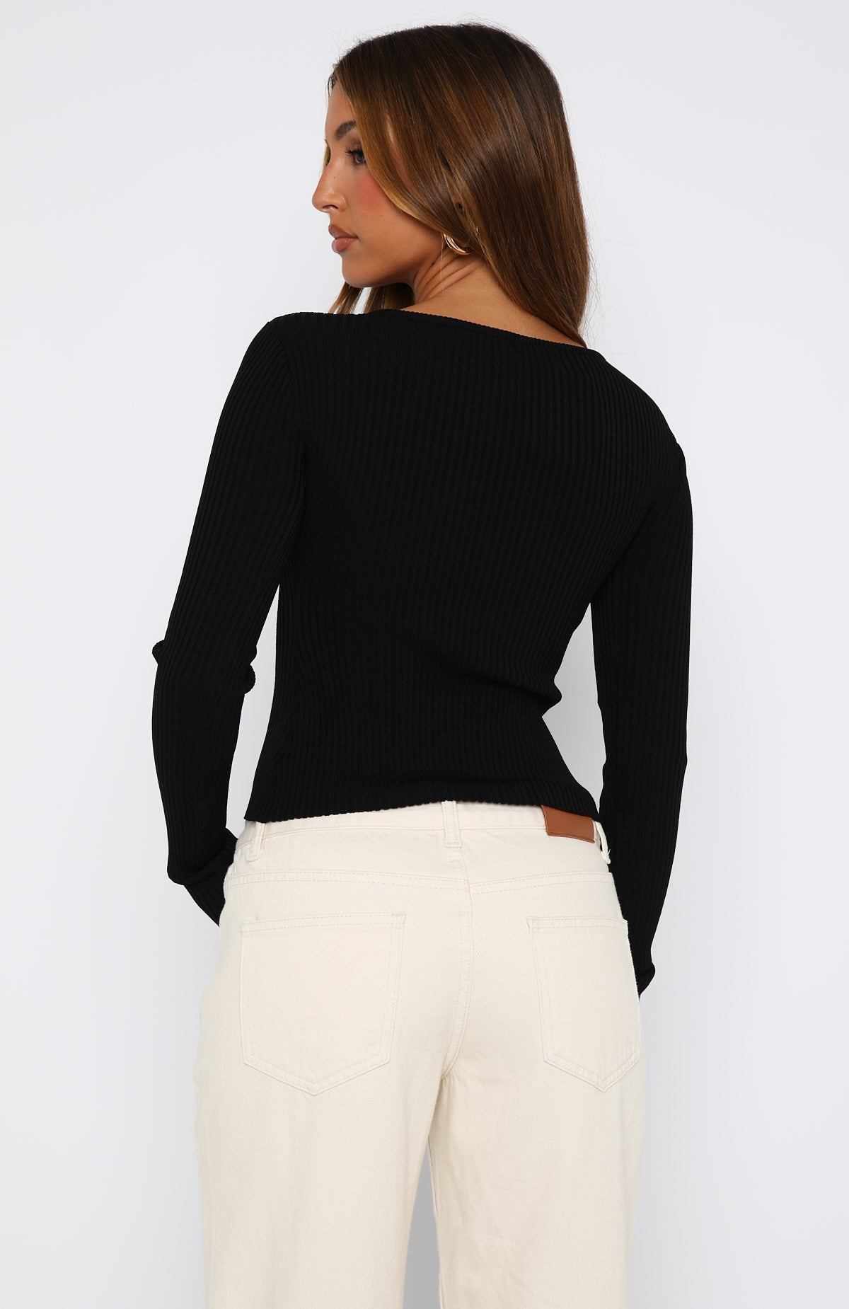 Black Cropped Ribbed Long Sleeve Top with Button Detail