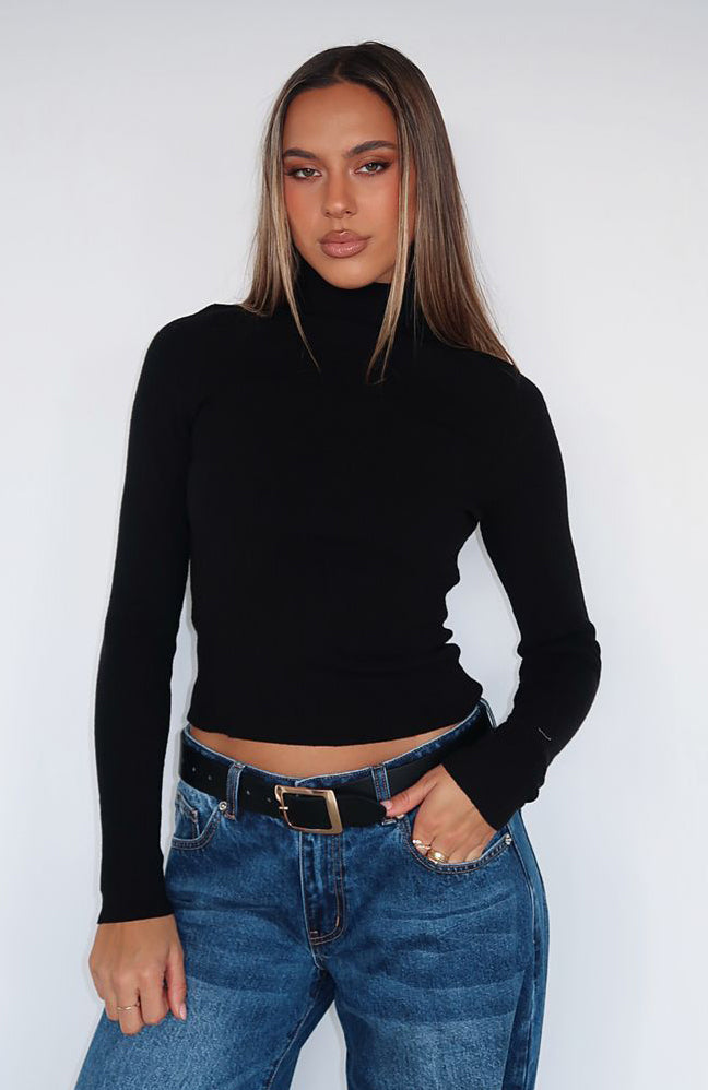 Black Turtle Neck Long Sleeve Top - Stretch Fit Winter Essential