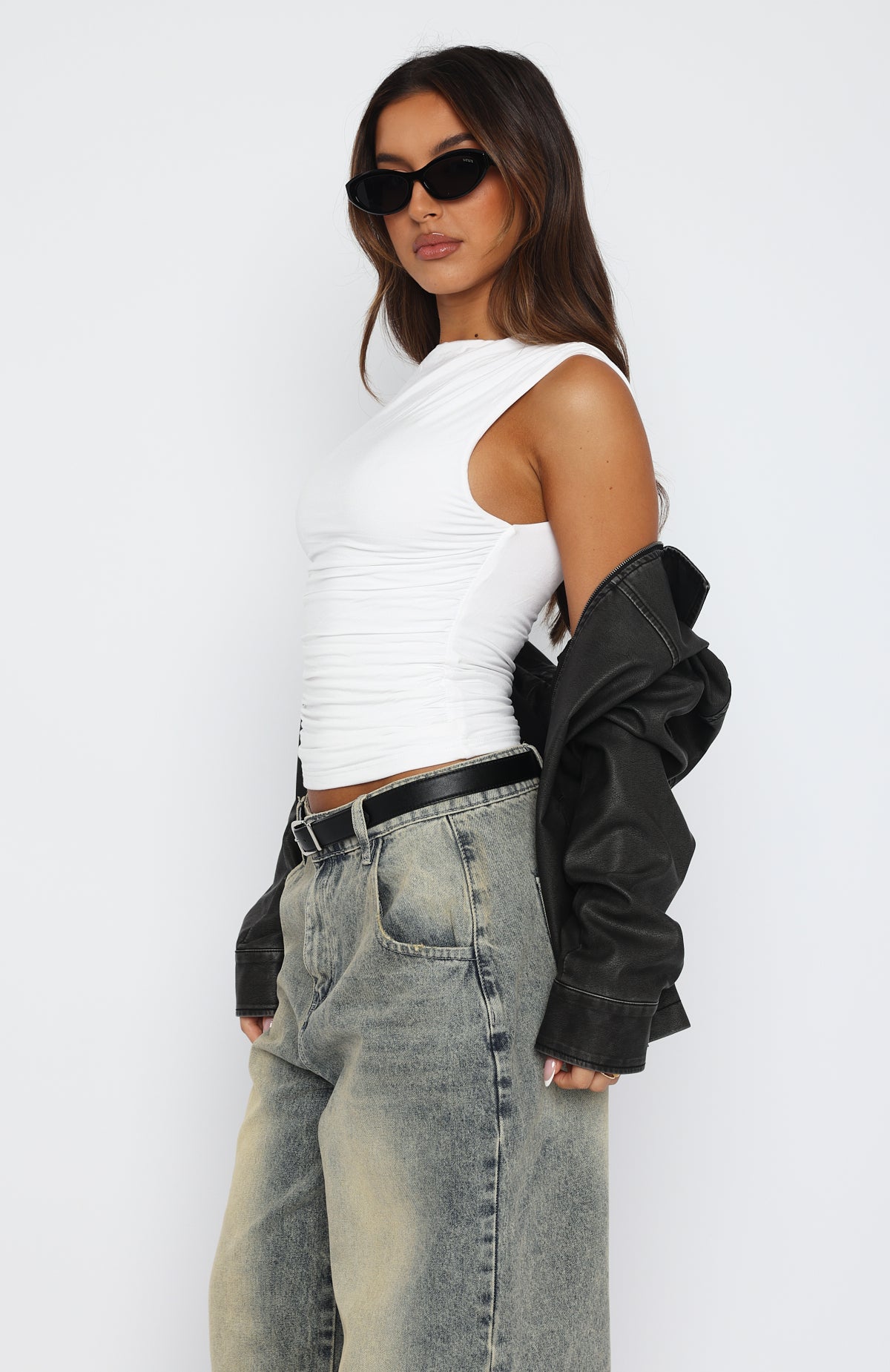 Stretchy White Modal Top with Gathered Shoulder Design