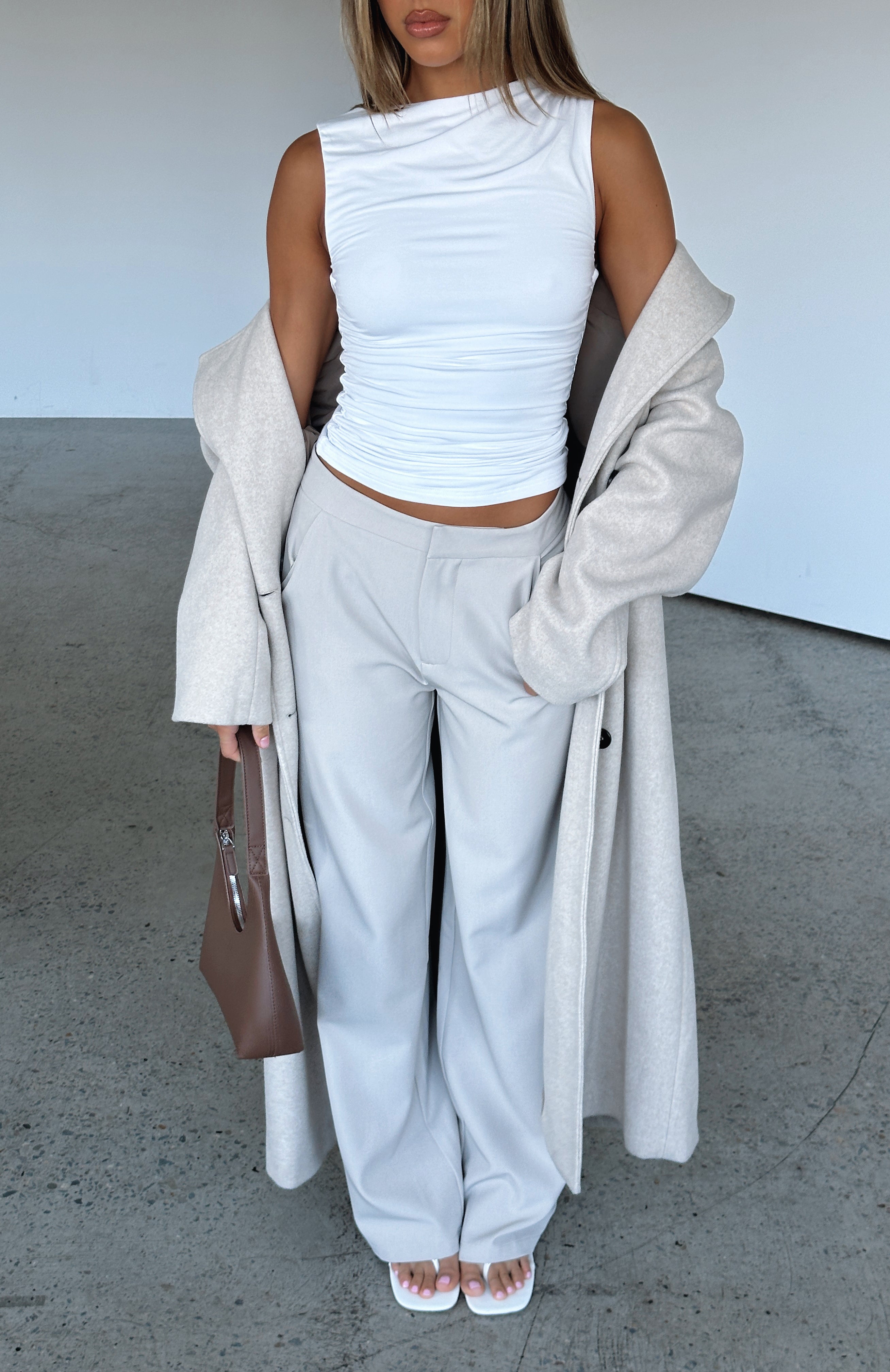 Stretchy White Modal Top with Gathered Shoulder Design