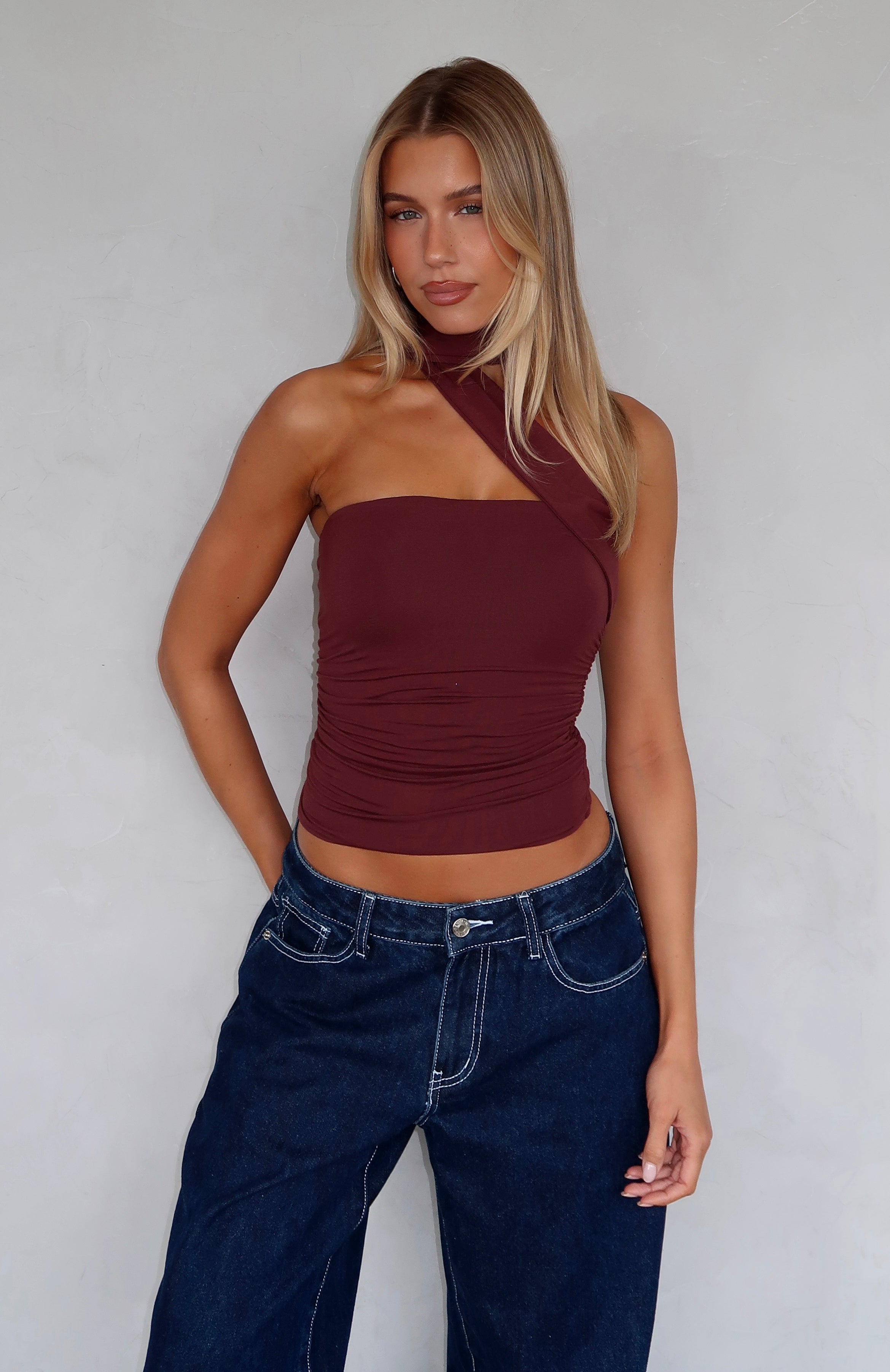 Burgundy Strapless Ruched Top with Neck Scarf