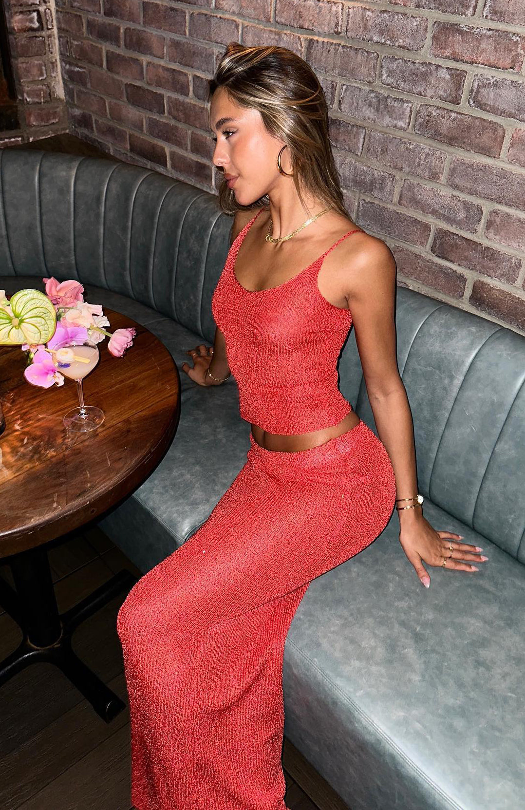Red Sequin Maxi Skirt - High Waist Knit Party Skirt with Star Shine