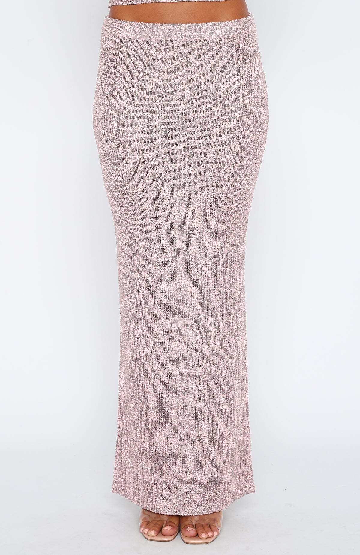 Pink Sequin Maxi Skirt with High Waist & Knit Design