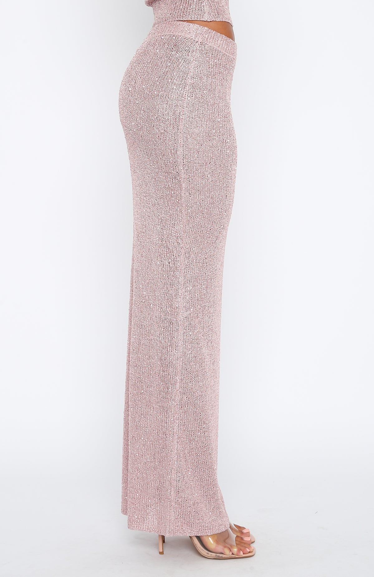 Pink Sequin Maxi Skirt with High Waist & Knit Design