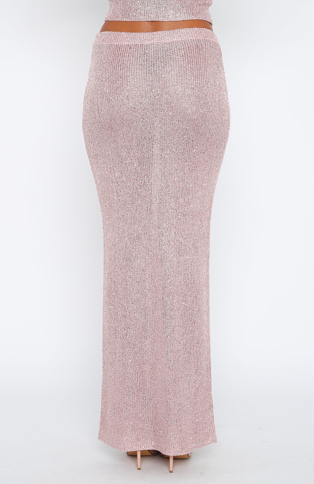 Pink Sequin Maxi Skirt with High Waist & Knit Design