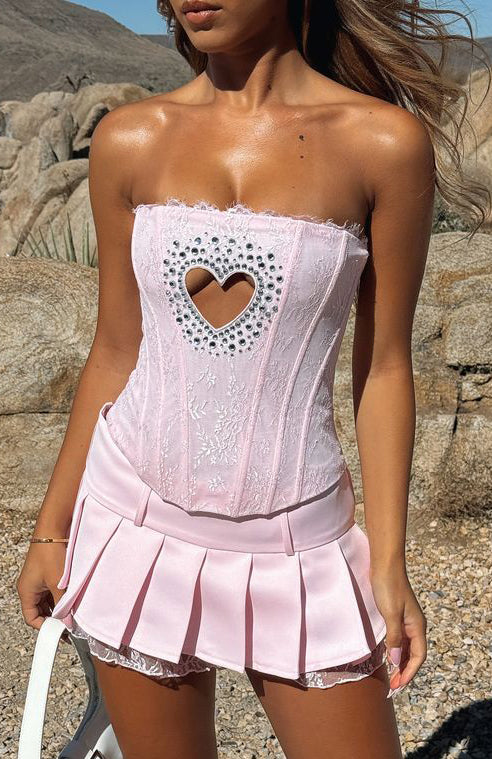 Baby Pink Strapless Bustier with Boning & Diamanté Details – The Old Days