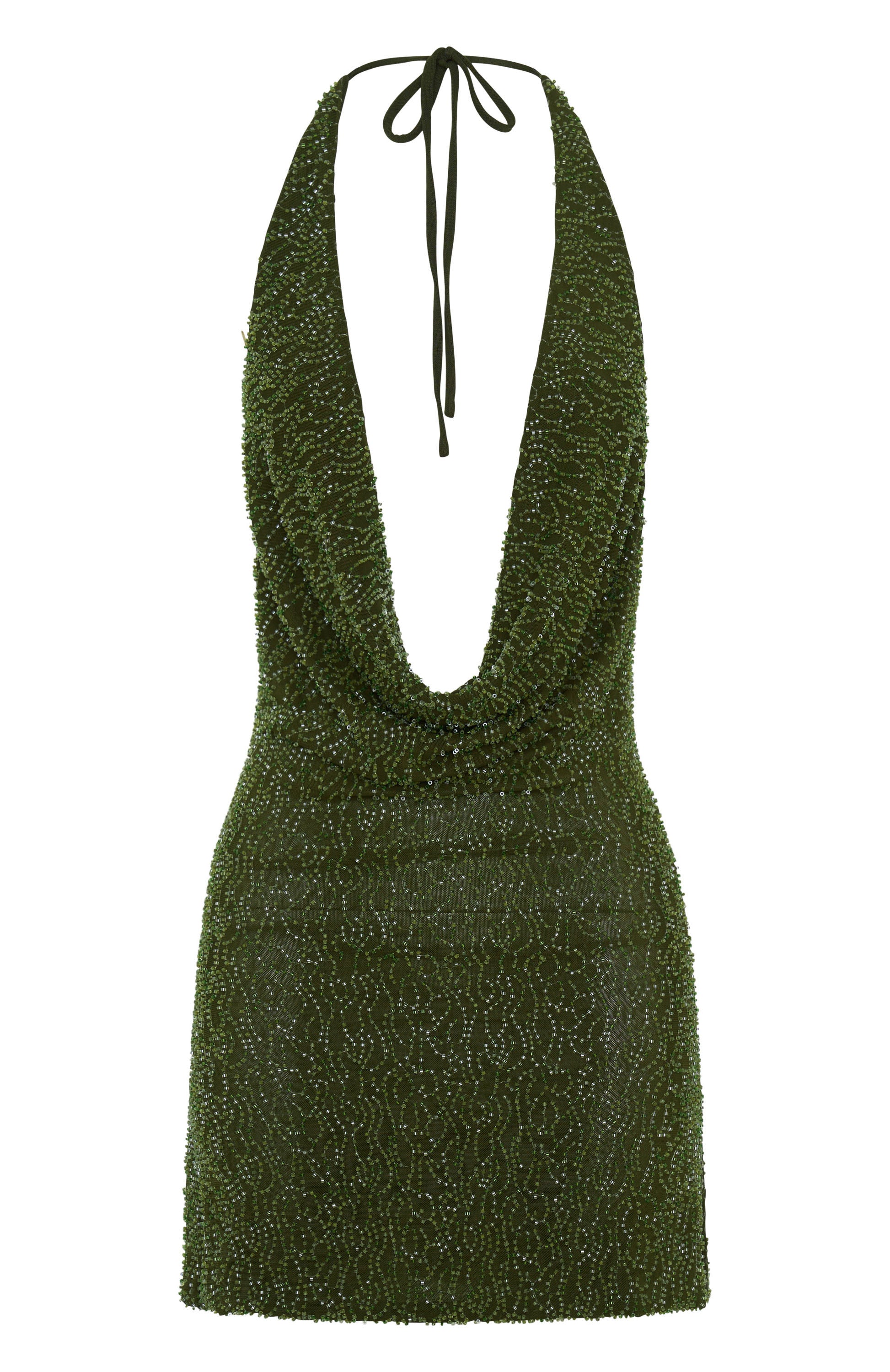 By Candlelight Beaded Halter Mini Dress - Deep Olive Backless Evening Gown