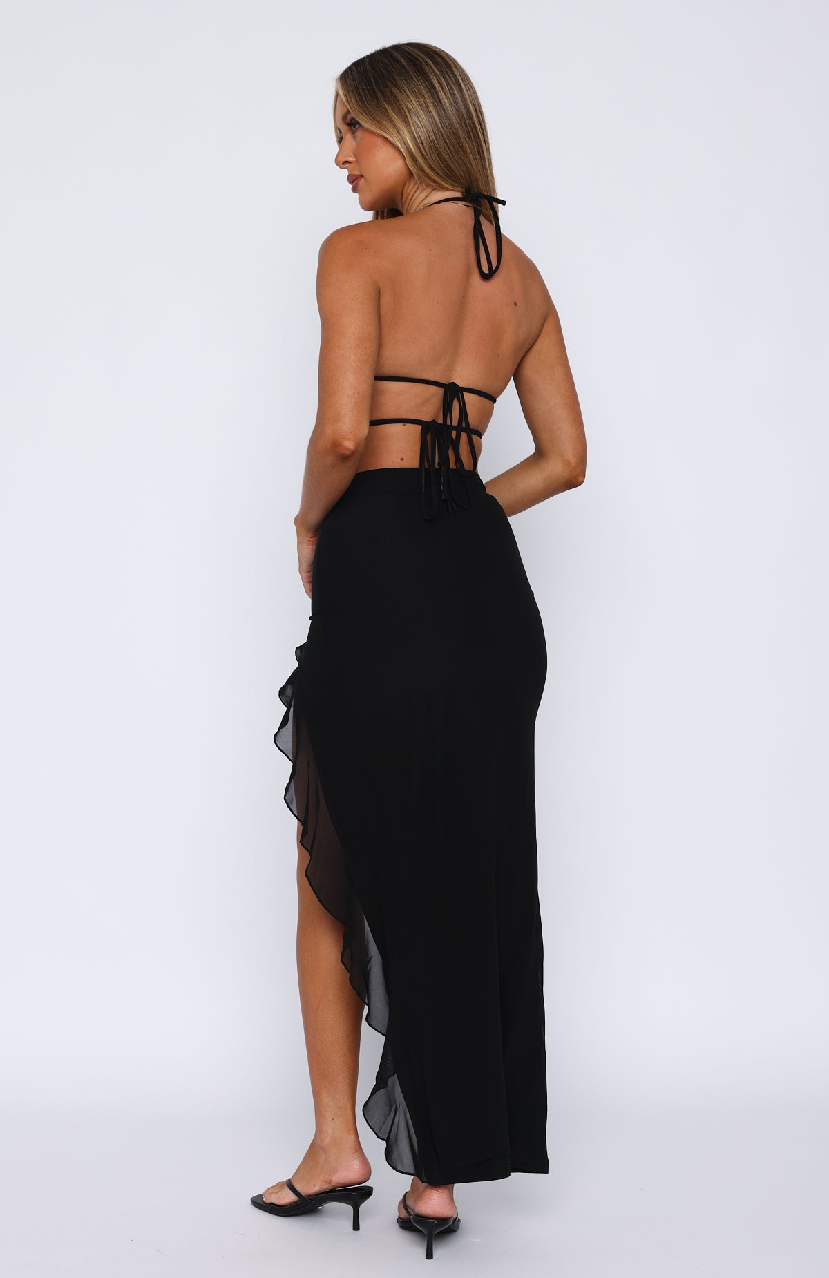 Day By Day Black Maxi Dress with Plunge Neckline & Backless Design