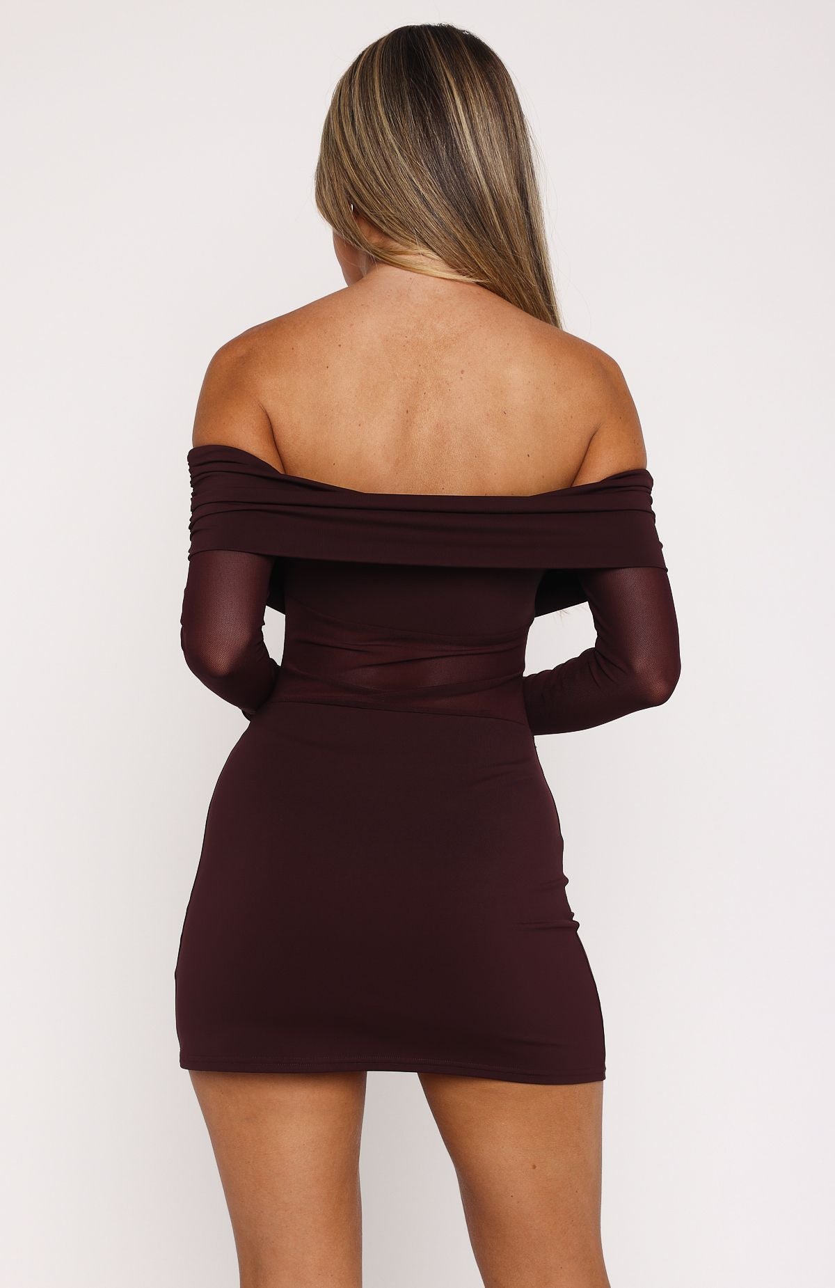 Off-Shoulder Long Sleeve Mini Dress - Burgundy Iridescent Glow