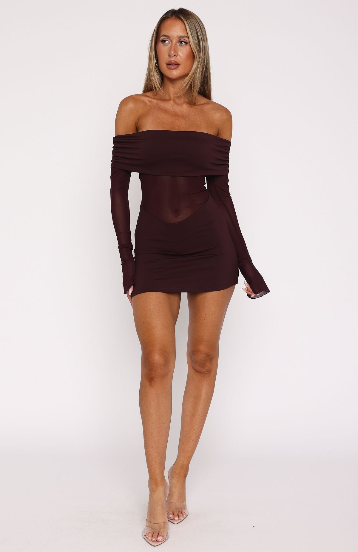Off-Shoulder Long Sleeve Mini Dress - Burgundy Iridescent Glow