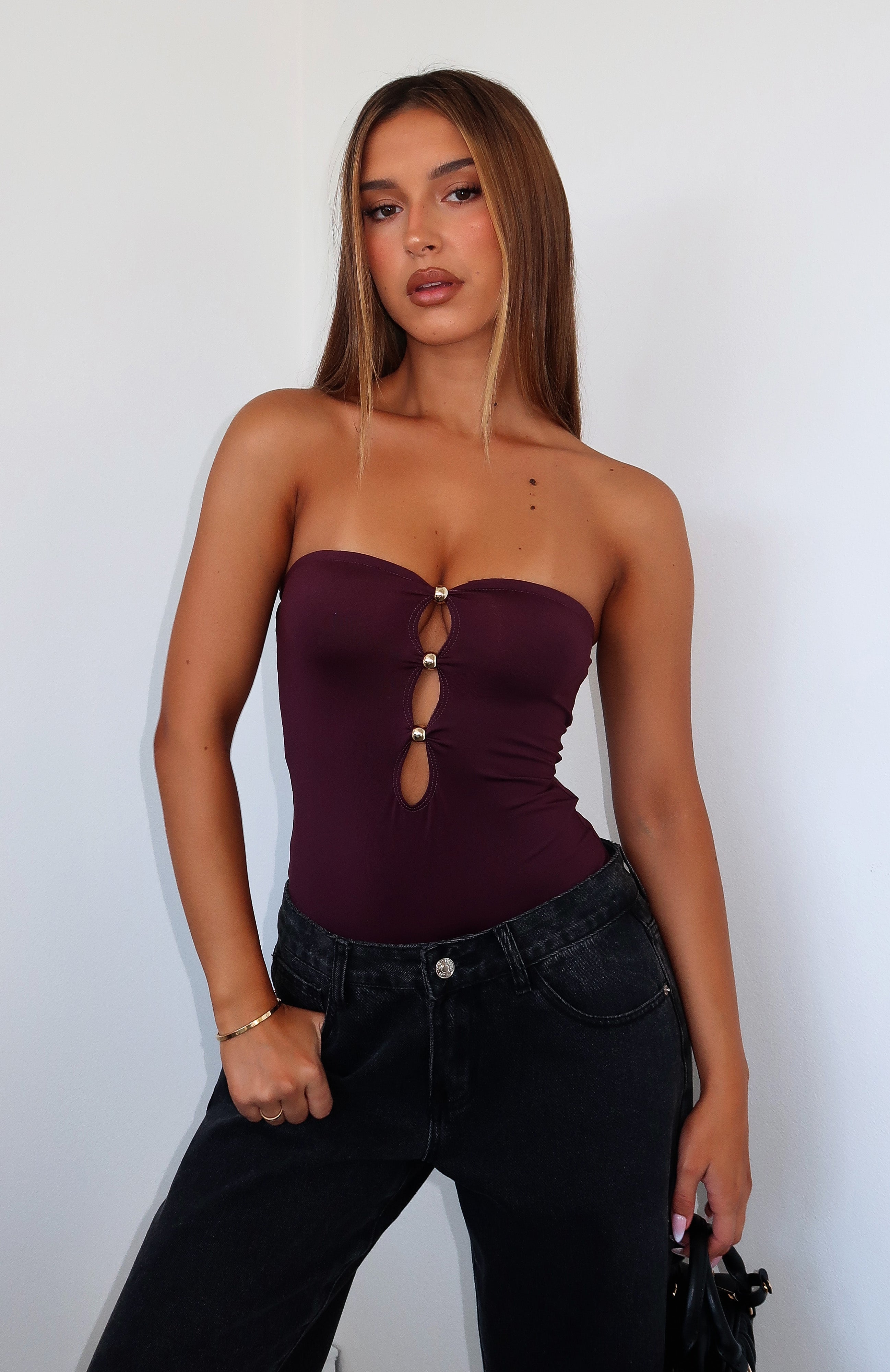 Strapless Plum Bodysuit with Gold Cutout Detail